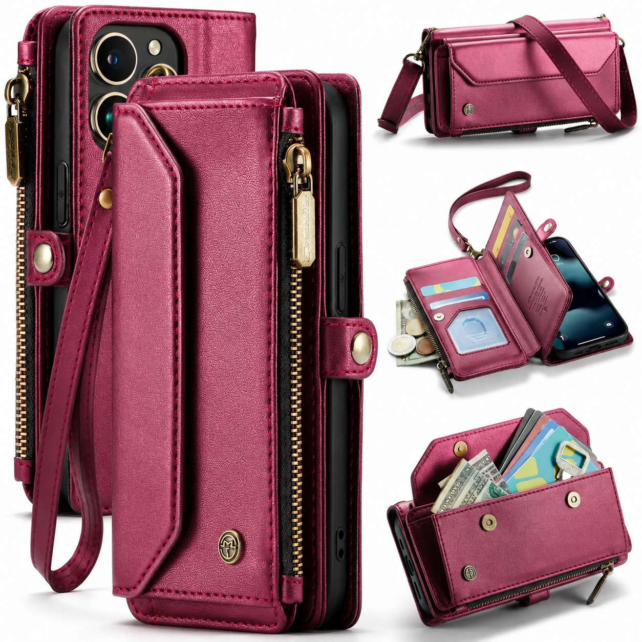 Premium iPhone Case Leather Zip Wallet Crossbody RFID Protection Card Holder Zipper Pocket Wristband Shockproof TPU Anti Scratch Full Coverage Design