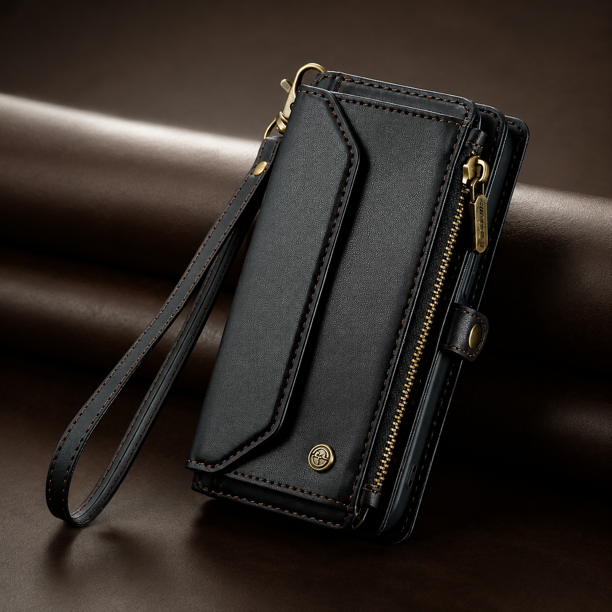 Premium iPhone Case Leather Zip Wallet Crossbody RFID Protection Card Holder Zipper Pocket Wristband Shockproof TPU Anti Scratch Full Coverage Design