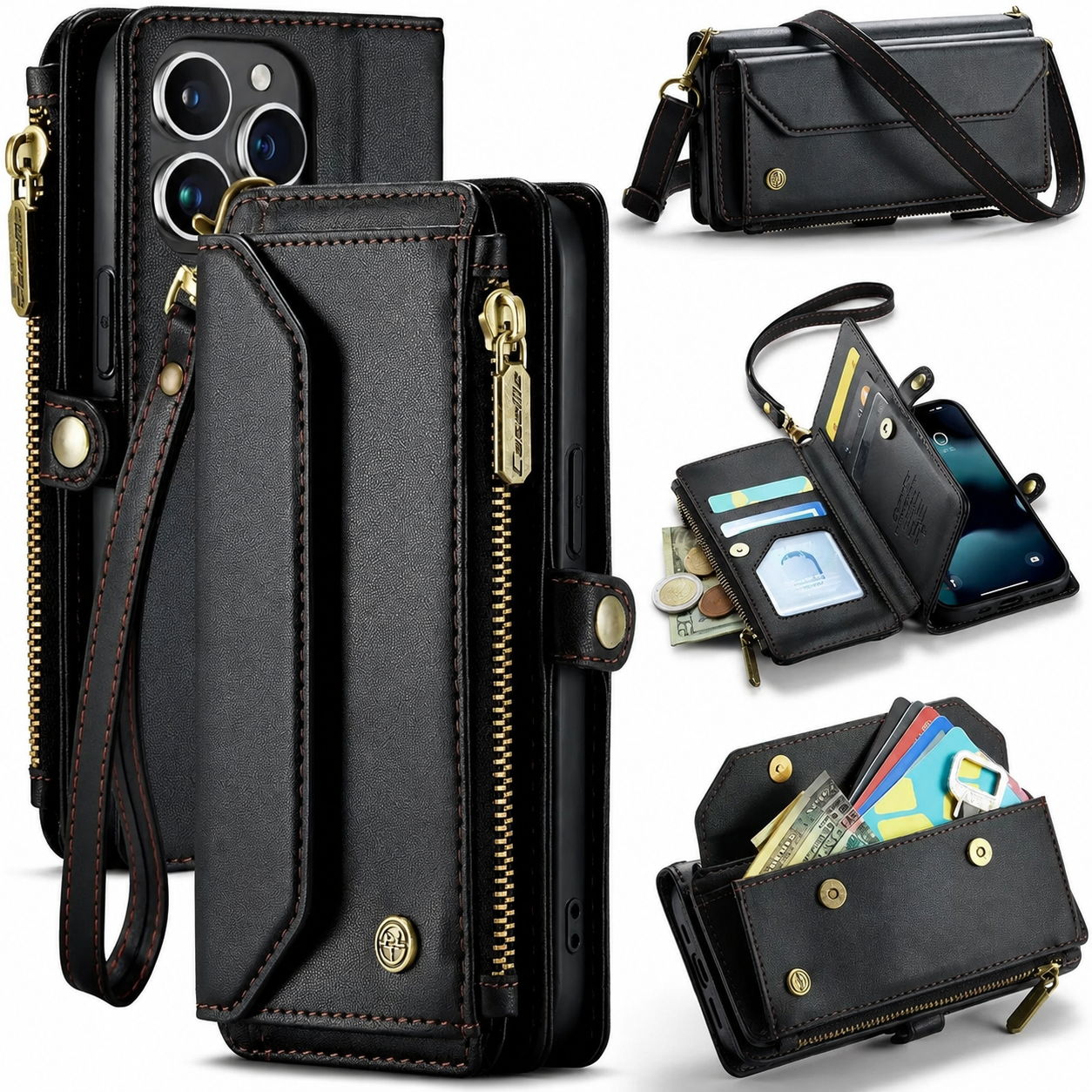 Premium iPhone Case Leather Zip Wallet Crossbody RFID Protection Card Holder Zipper Pocket Wristband Shockproof TPU Anti Scratch Full Coverage Design