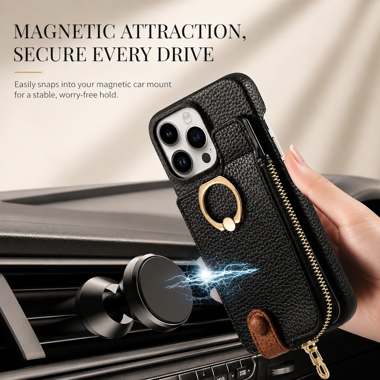 Premium iPhone Case Leather Zipper Wallet Cover Card Holder Ring Kickstand Camera Lens Protection Magnetic Closure Shockproof Slim Design