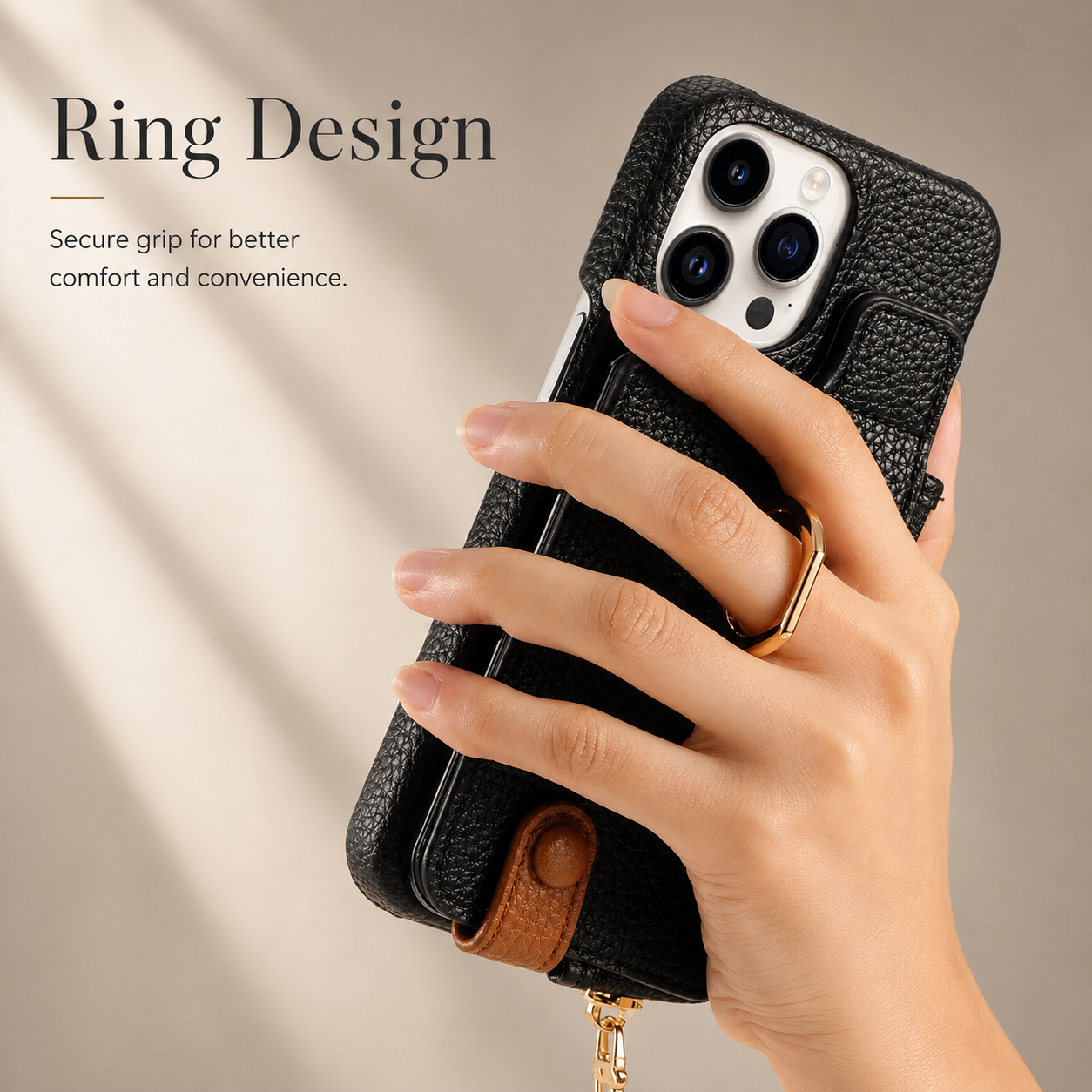 Premium iPhone Case Leather Zipper Wallet Cover Card Holder Ring Kickstand Camera Lens Protection Magnetic Closure Shockproof Slim Design