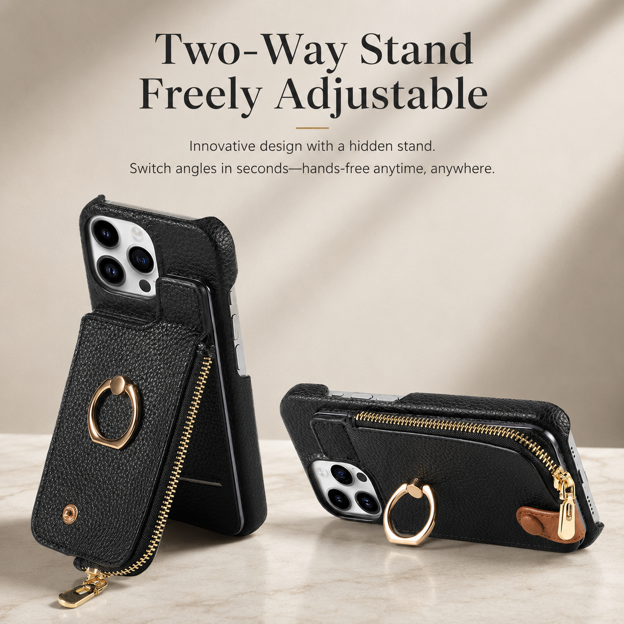 Premium iPhone Case Leather Zipper Wallet Cover Card Holder Ring Kickstand Camera Lens Protection Magnetic Closure Shockproof Slim Design