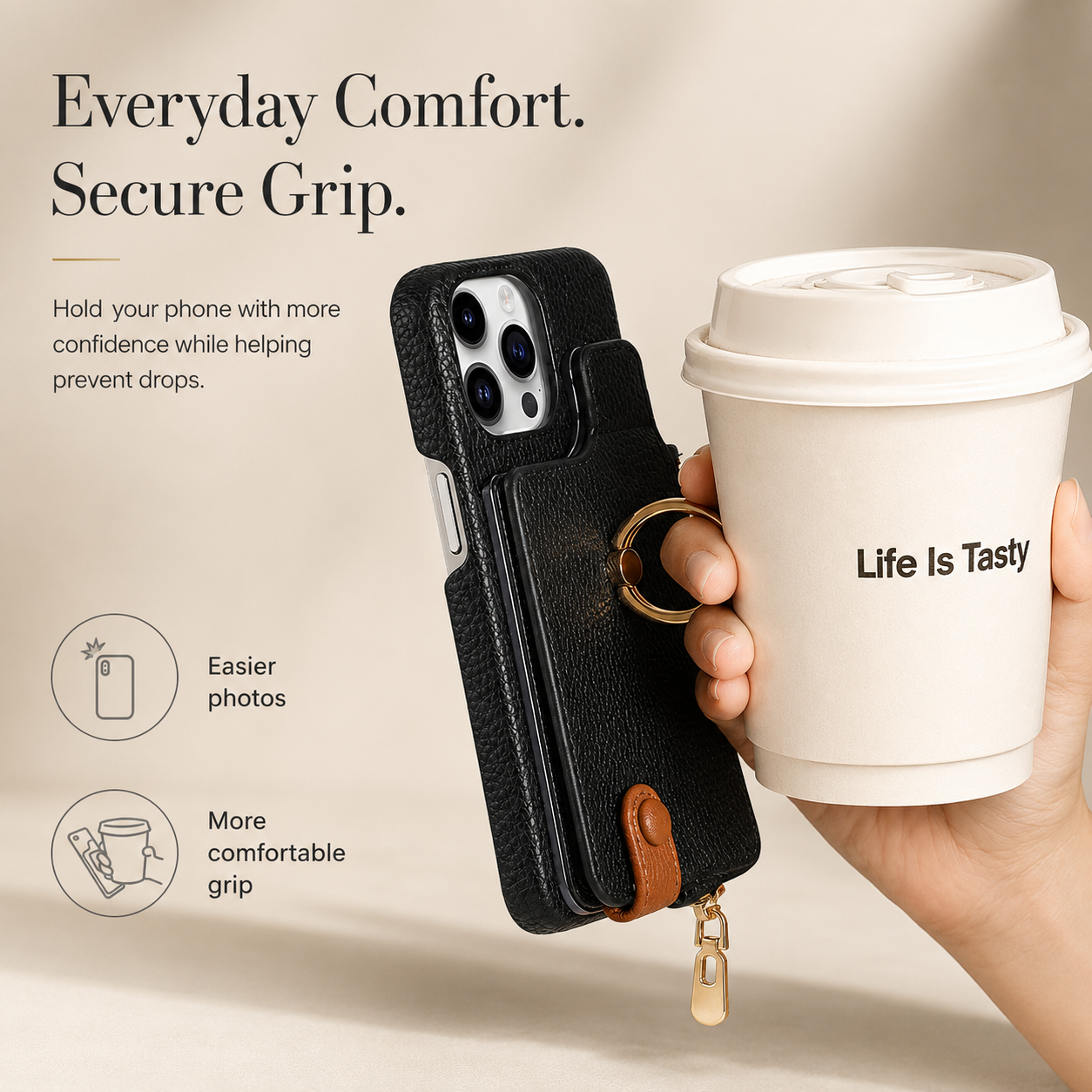 Premium iPhone Case Leather Zipper Wallet Cover Card Holder Ring Kickstand Camera Lens Protection Magnetic Closure Shockproof Slim Design