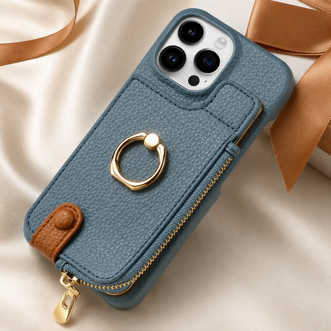 Premium iPhone Case Leather Zipper Wallet Cover Card Holder Ring Kickstand Camera Lens Protection Magnetic Closure Shockproof Slim Design