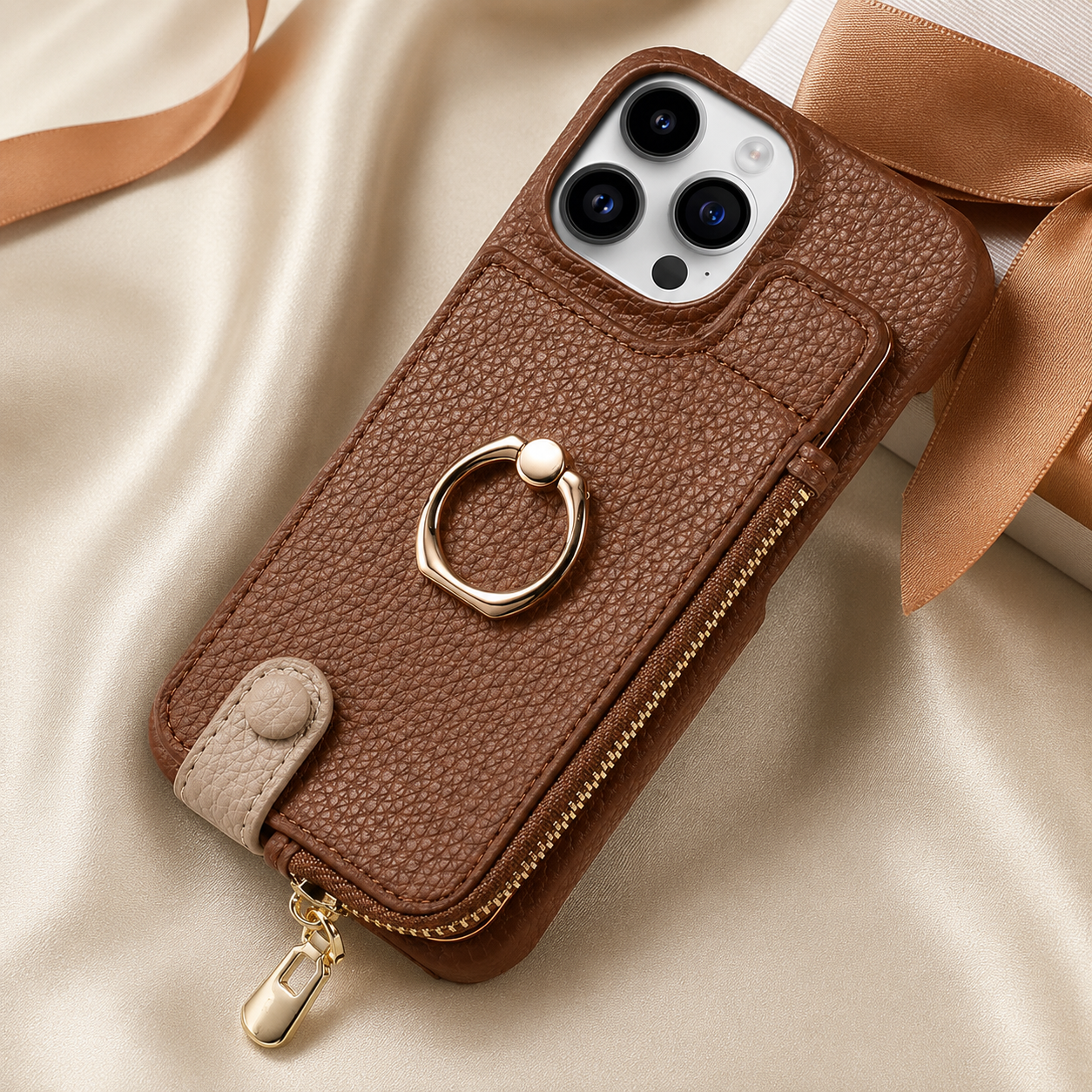 Premium iPhone Case Leather Zipper Wallet Cover Card Holder Ring Kickstand Camera Lens Protection Magnetic Closure Shockproof Slim Design