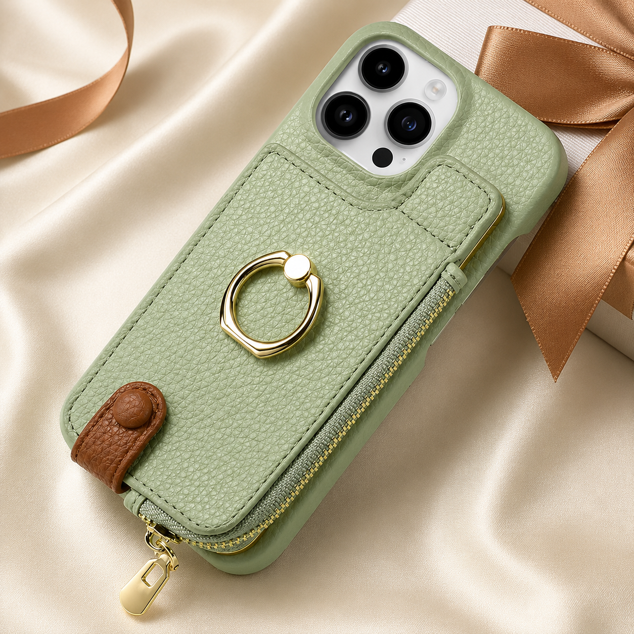 Premium iPhone Case Leather Zipper Wallet Cover Card Holder Ring Kickstand Camera Lens Protection Magnetic Closure Shockproof Slim Design