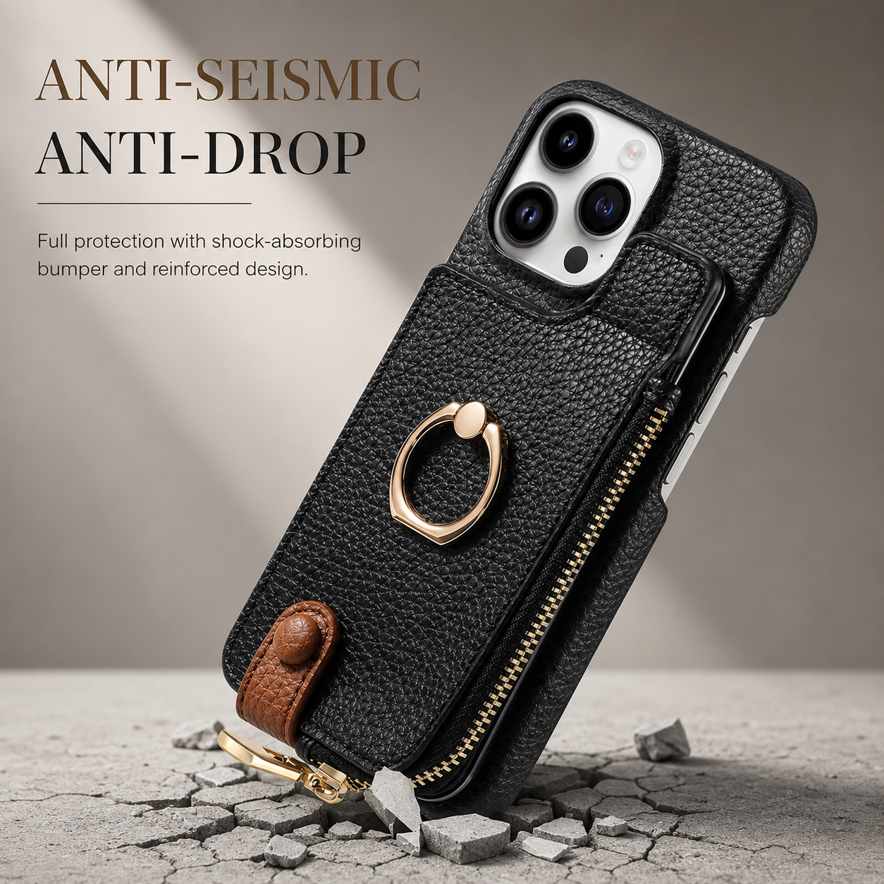 Premium iPhone Case Leather Zipper Wallet Cover Card Holder Ring Kickstand Camera Lens Protection Magnetic Closure Shockproof Slim Design