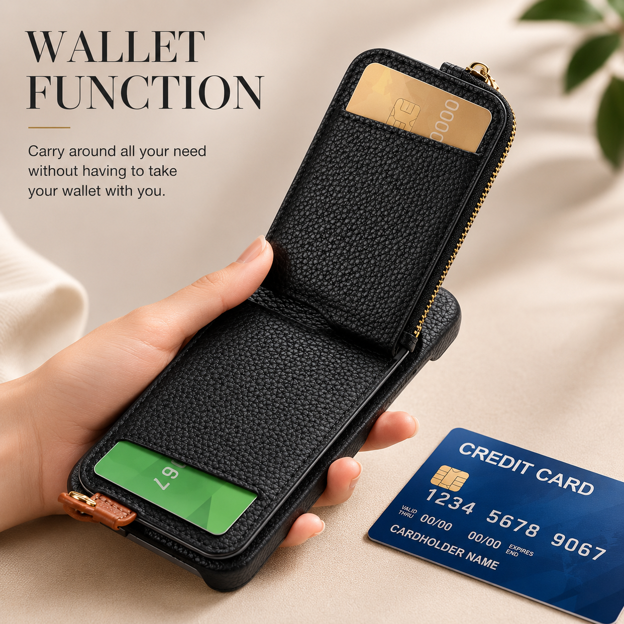 Premium iPhone Case Leather Zipper Wallet Cover Card Holder Ring Kickstand Camera Lens Protection Magnetic Closure Shockproof Slim Design