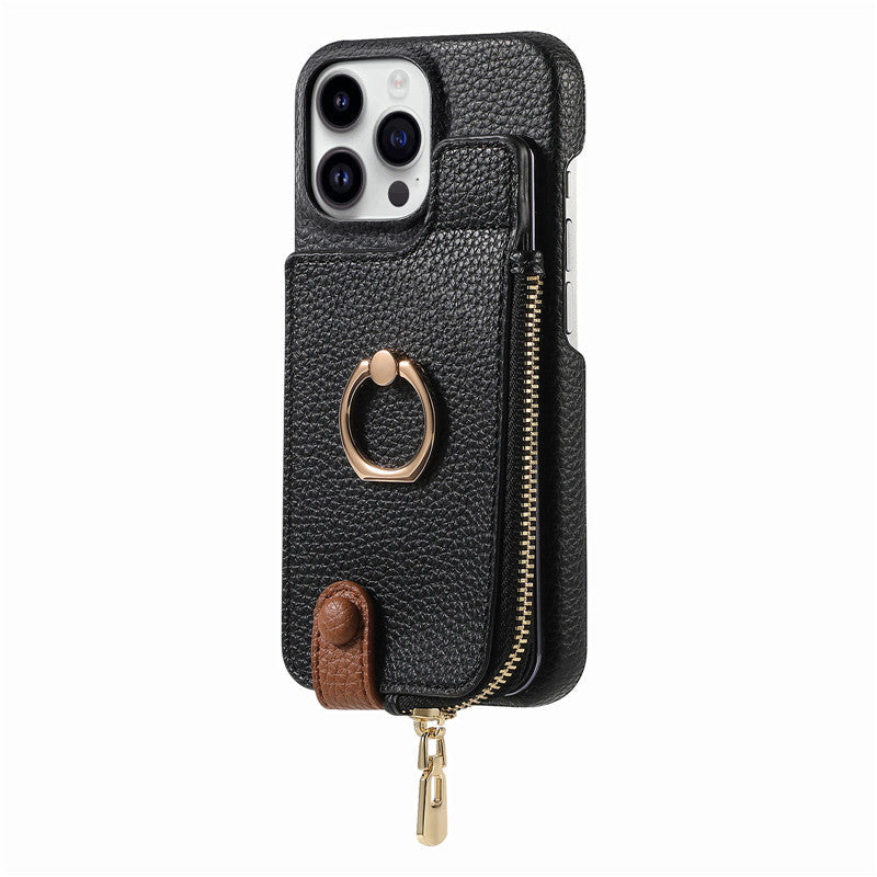 Premium iPhone Case Leather Zipper Wallet Cover Card Holder Ring Kickstand Camera Lens Protection Magnetic Closure Shockproof Slim Design