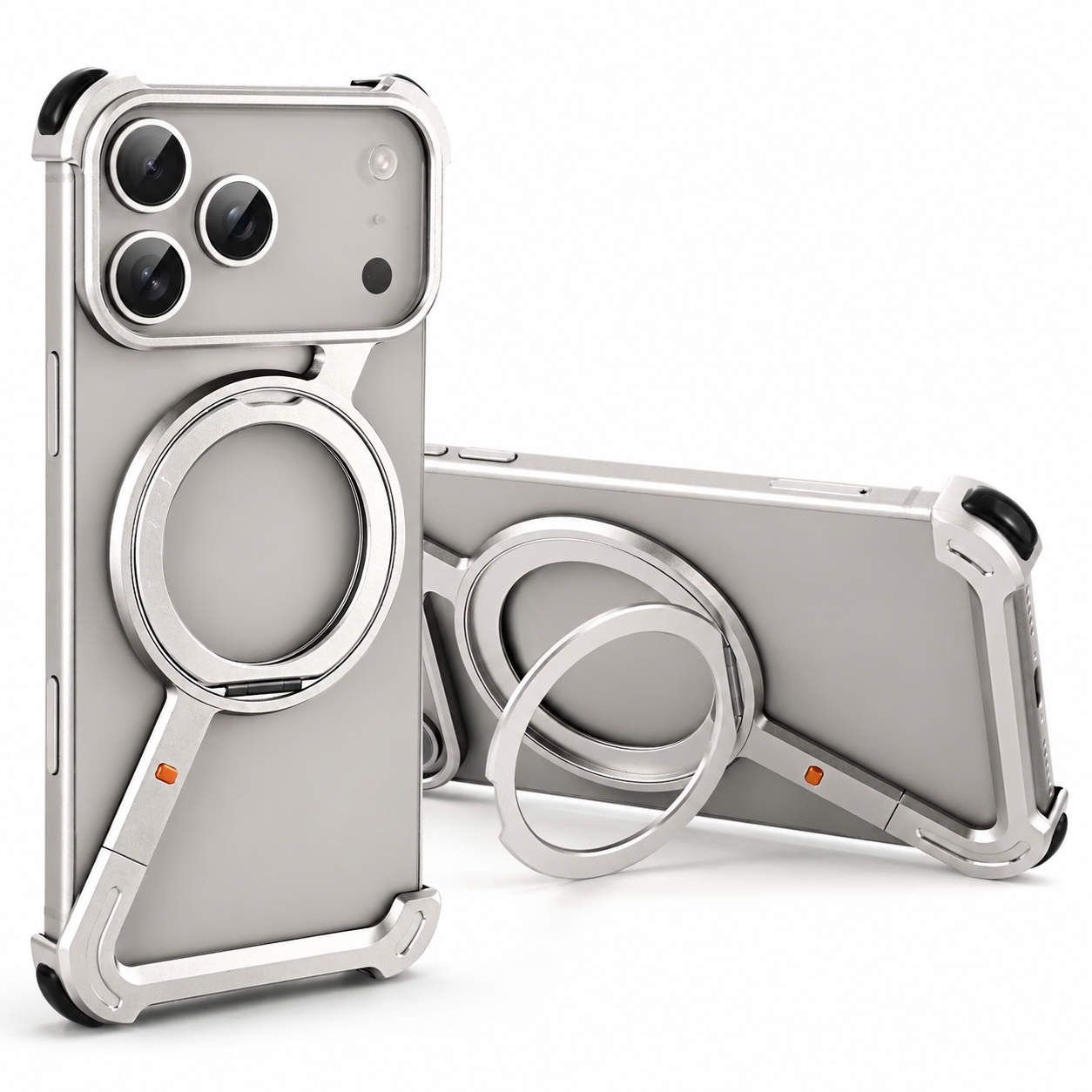 Premium iPhone Case MagSafe Compatible Aluminum Alloy Bumper with Camera Lens Protection, Rotating Stand Function, Air Cushion Shockproof Design