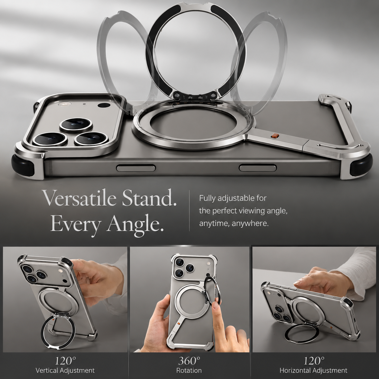 Premium iPhone Case MagSafe Compatible Aluminum Alloy Bumper with Camera Lens Protection, Rotating Stand Function, Air Cushion Shockproof Design