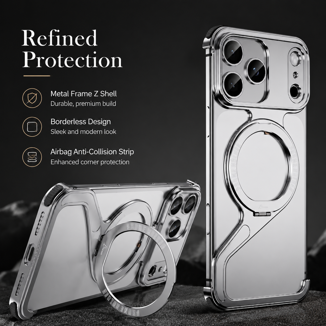 Premium iPhone Case MagSafe Compatible Aluminum Alloy Z Shape Frameless Magnetic Cover Metal Shockproof Anti Scratch Slim Minimal Edge Protection