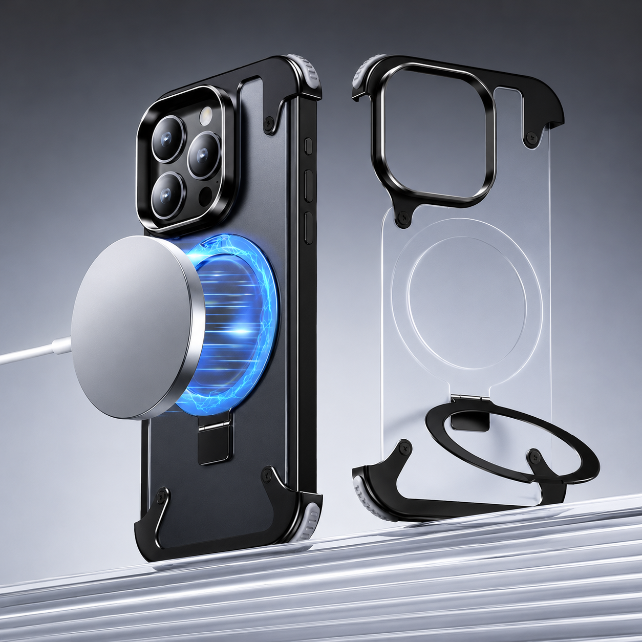 Premium iPhone Case MagSafe Compatible Aluminum Frame Protective Cover Built In Stand Camera Lens Protection Shockproof Ultra Thin Frameless Design