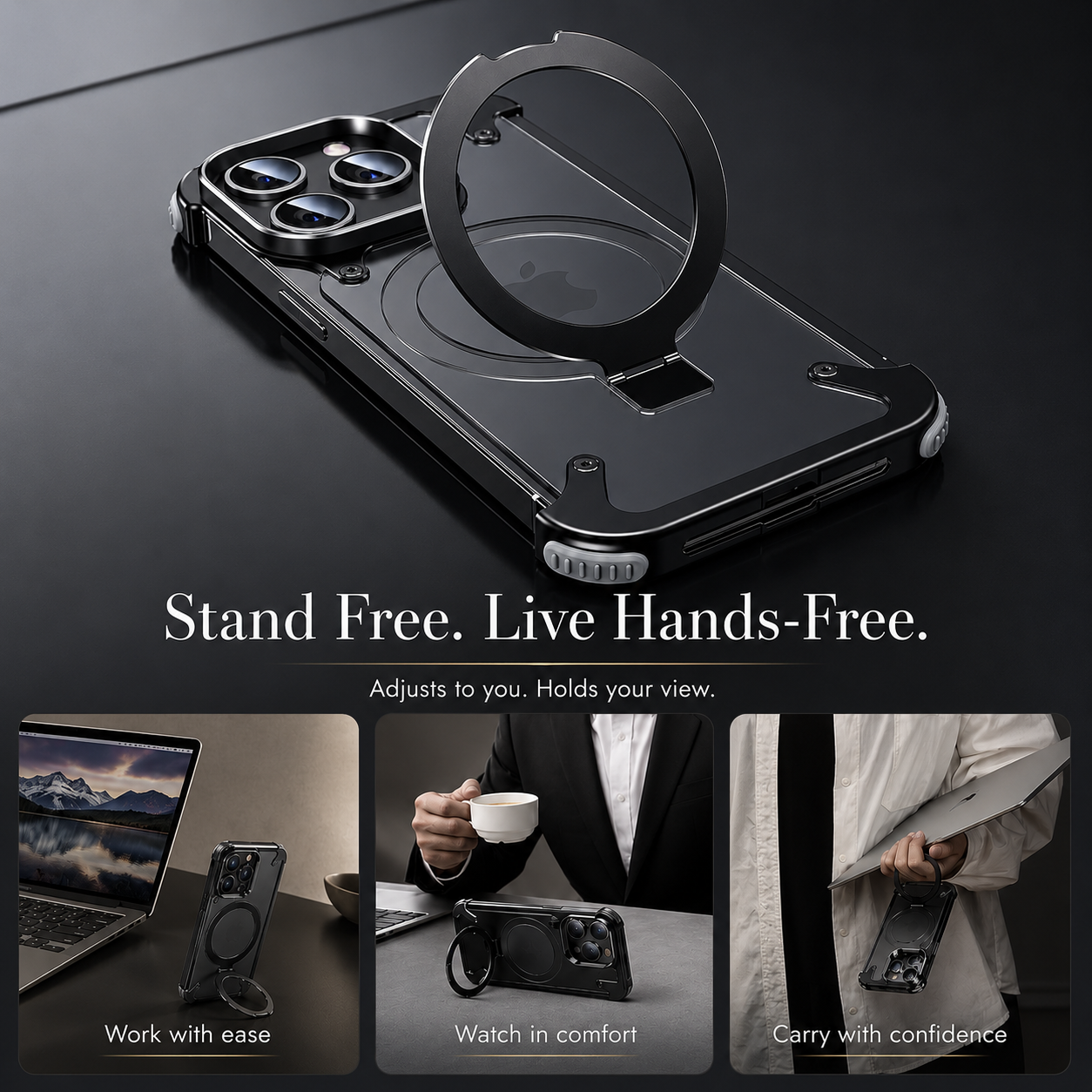 Premium iPhone Case MagSafe Compatible Aluminum Frame Protective Cover Built In Stand Camera Lens Protection Shockproof Ultra Thin Frameless Design