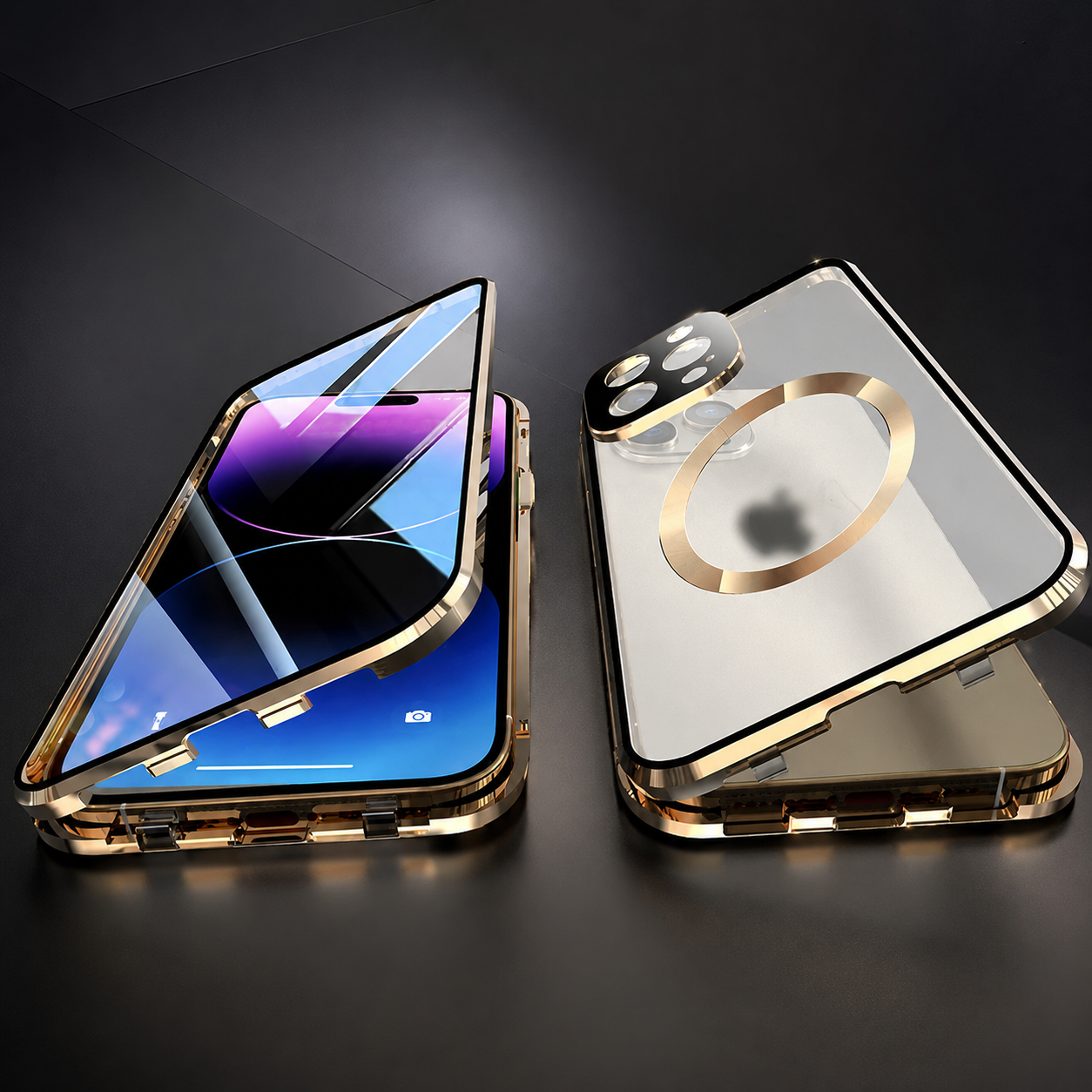 Premium iPhone Case MagSafe Compatible Aluminum Frame Tempered Glass Full Body Protective Cover Camera Lens Protection Shockproof Transparent Design