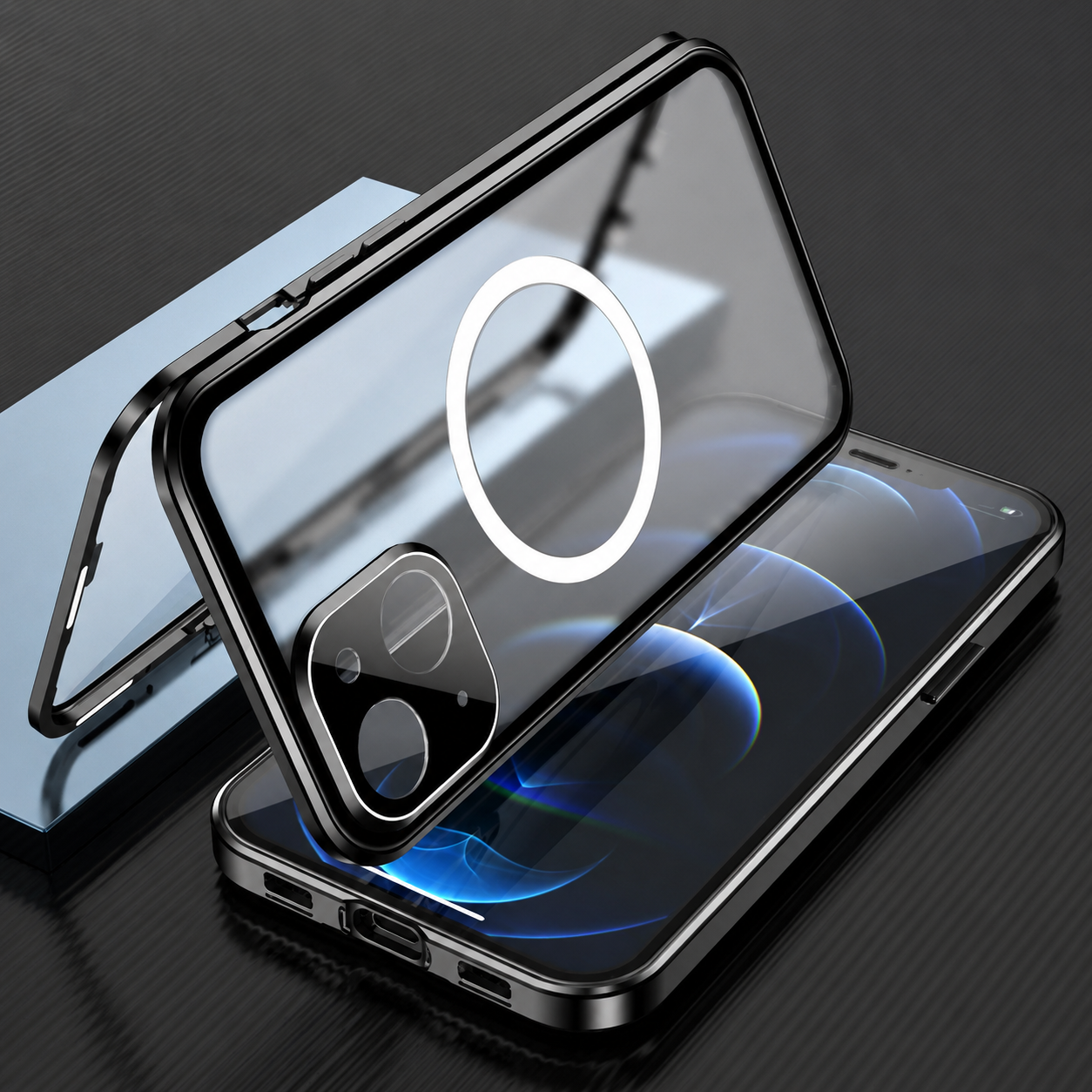 Premium iPhone Case MagSafe Compatible Aluminum Frame Tempered Glass Full Body Protective Cover Camera Lens Protection Shockproof Transparent Design