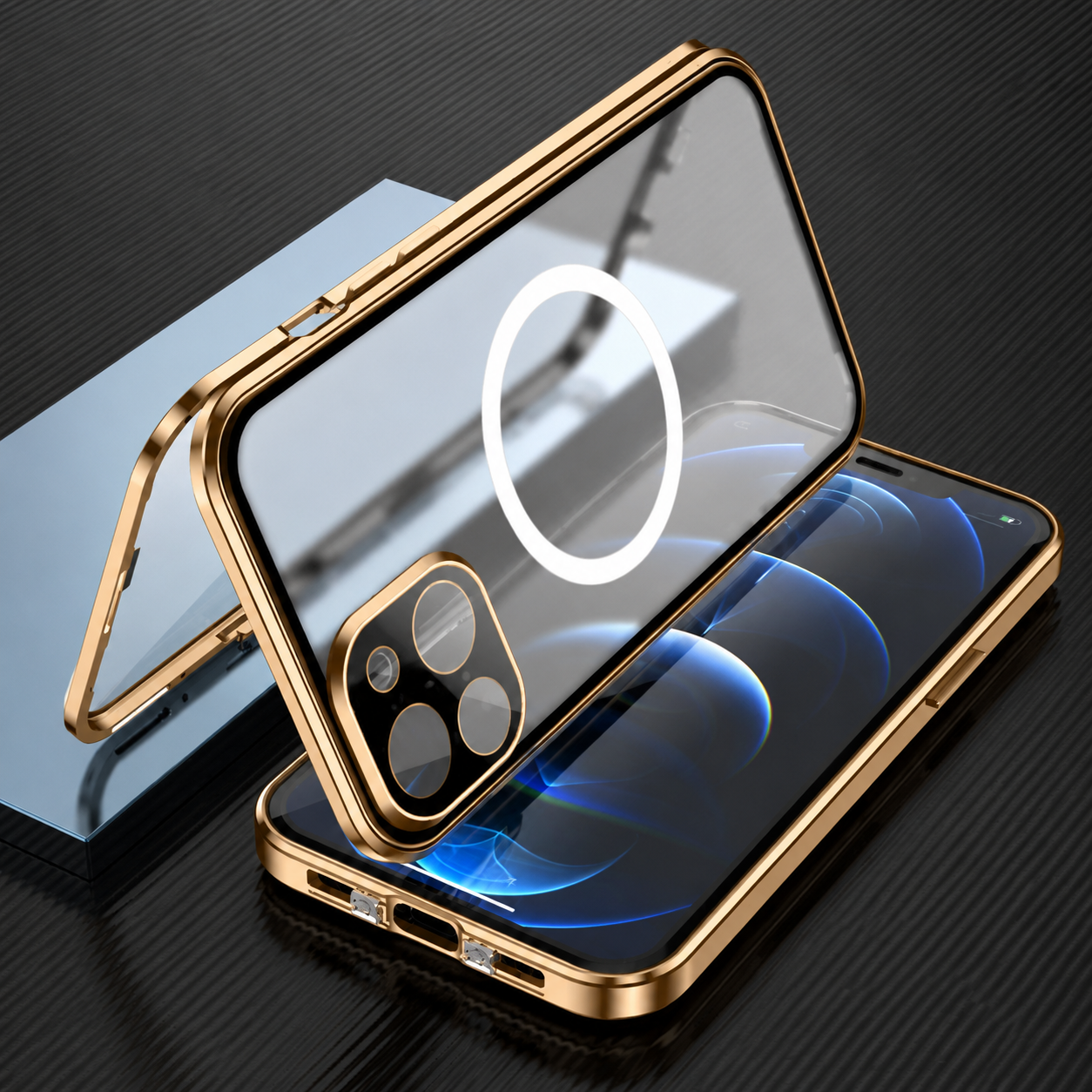 Premium iPhone Case MagSafe Compatible Aluminum Frame Tempered Glass Full Body Protective Cover Camera Lens Protection Shockproof Transparent Design