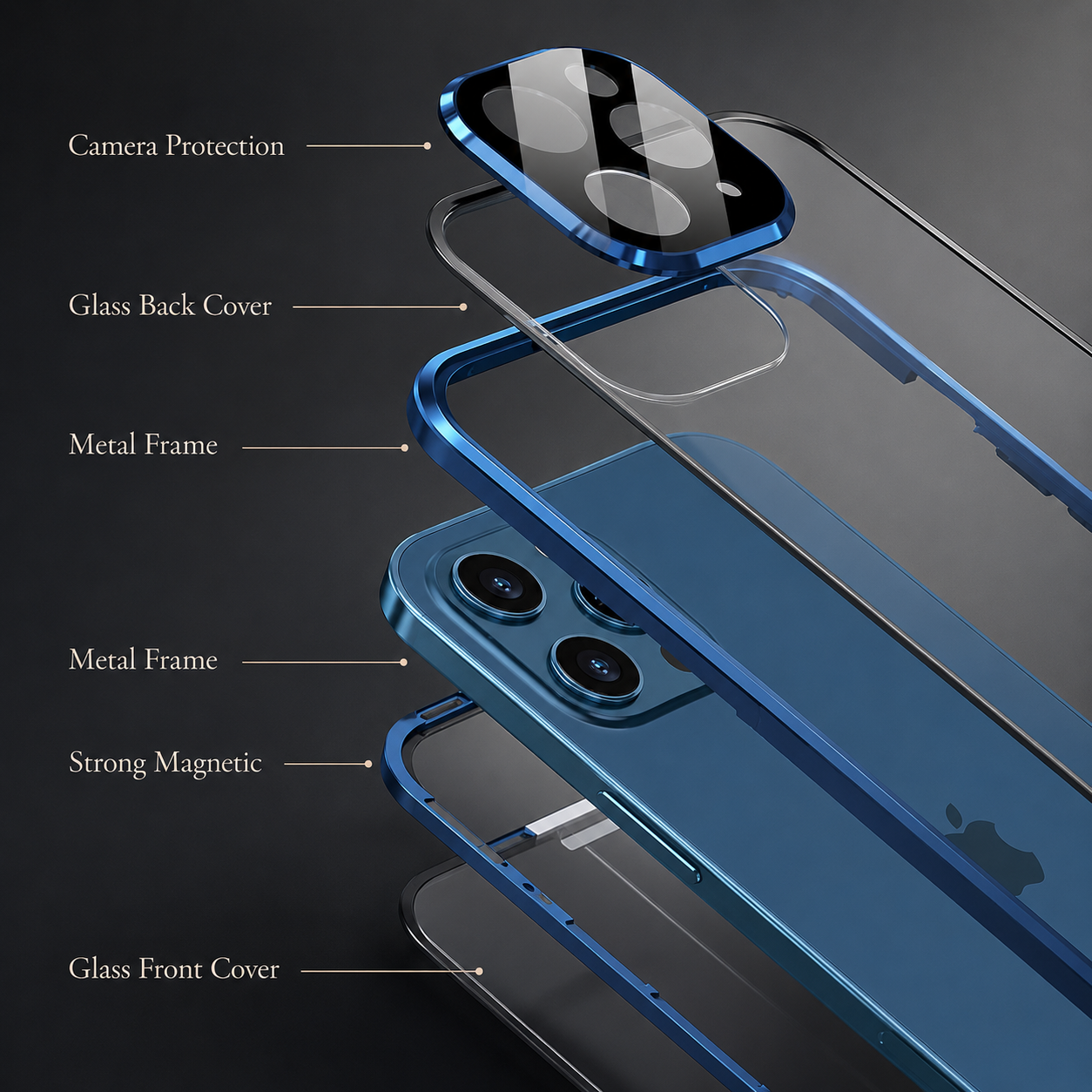 Premium iPhone Case MagSafe Compatible Aluminum Frame Tempered Glass Protective Cover 360 Full Body Shockproof Transparent Design Camera Lens Protection