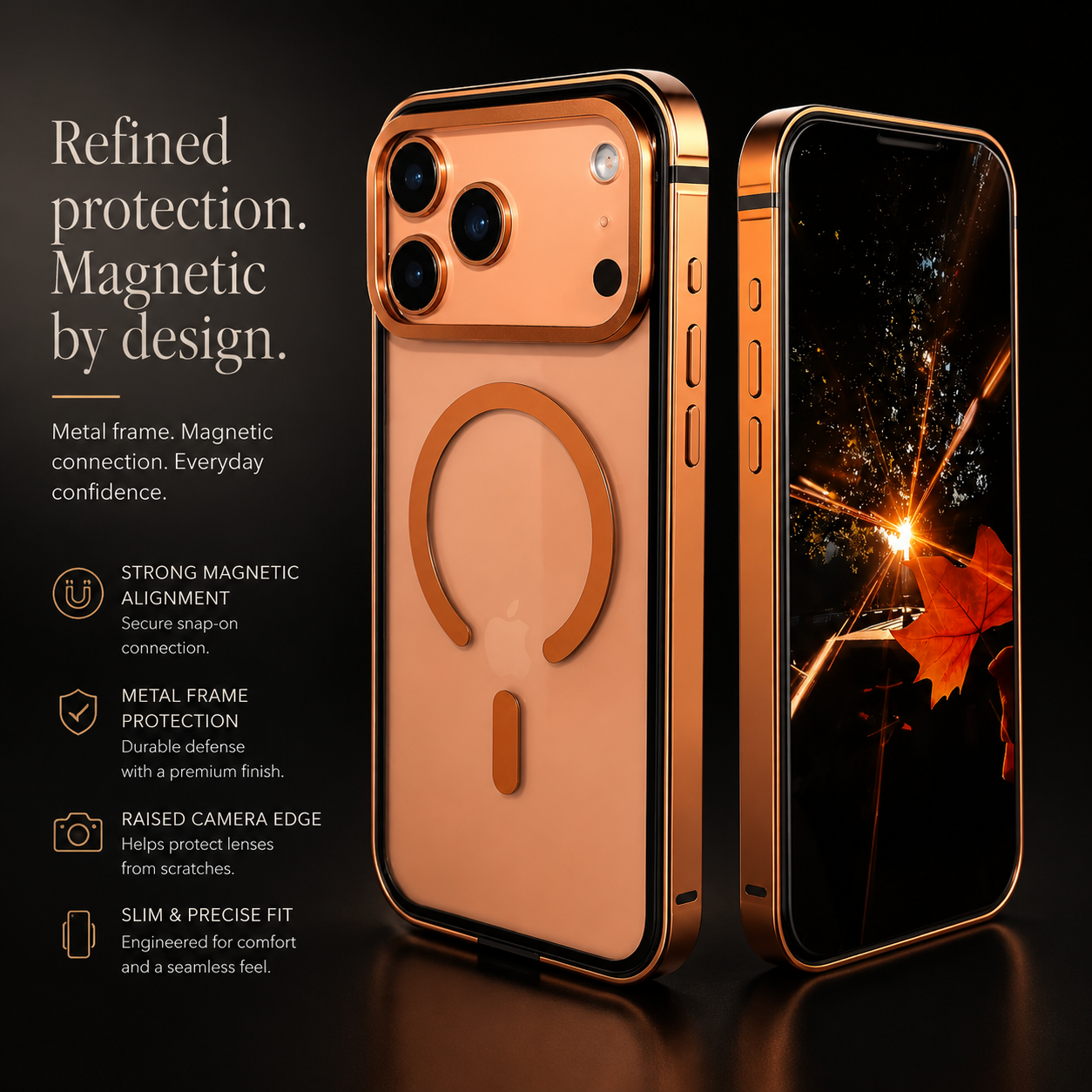 Premium iPhone Case MagSafe Compatible Aluminum Frame with HD Acrylic Back, Camera Lens Protection, Secure Grip, Shockproof Build and Scratch Resistant Design