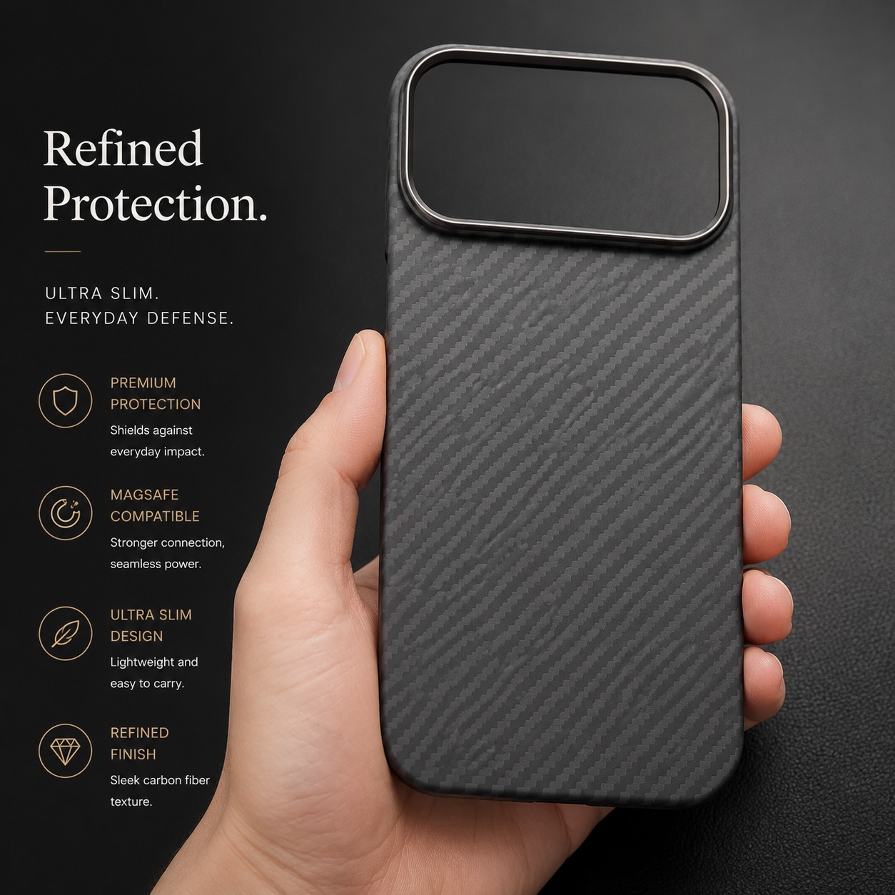 Premium iPhone Case MagSafe Compatible Aramid Carbon Fiber Cover Alloy Camera Protection Shockproof Anti Scratch Non Slip Grip Slim Durable Design