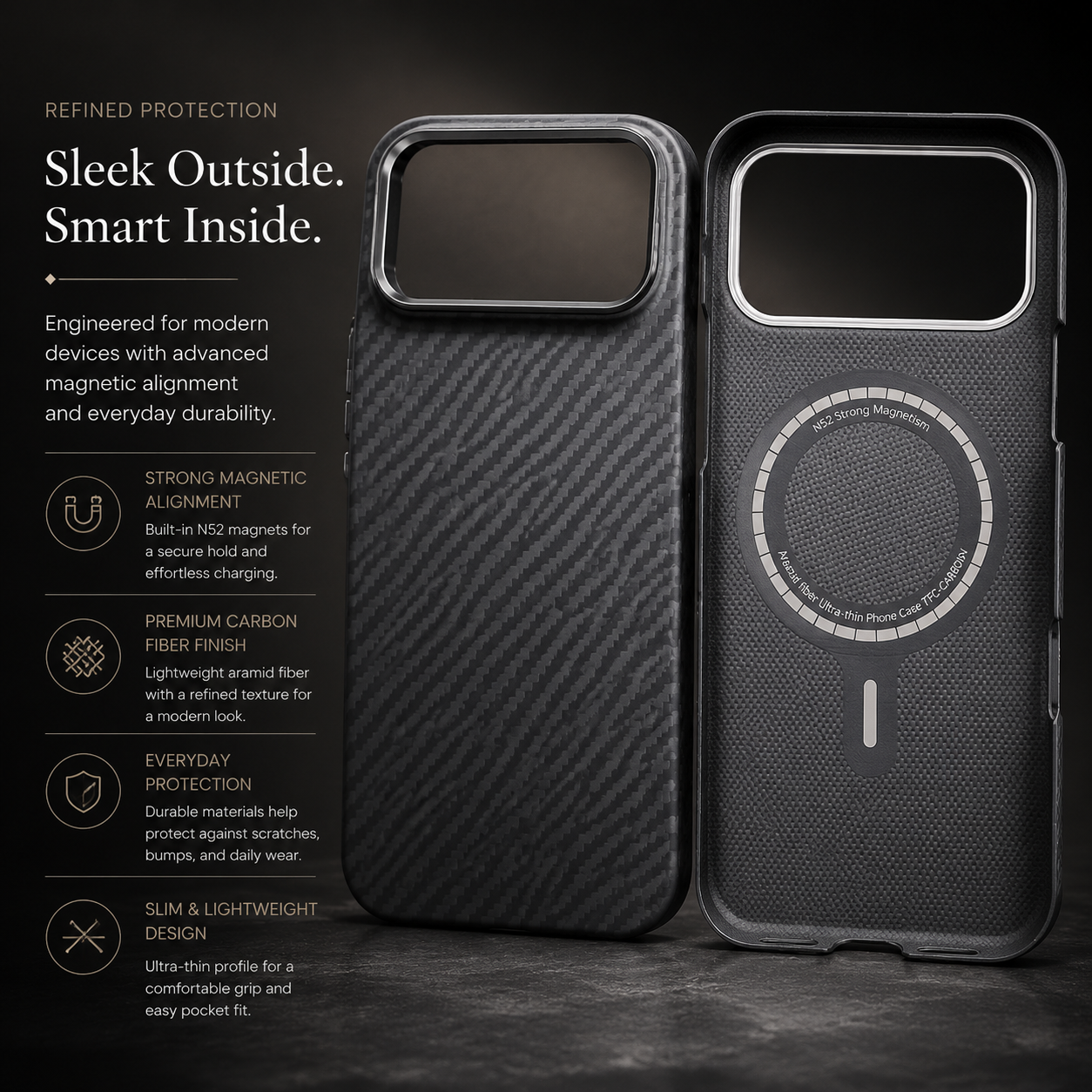 Premium iPhone Case MagSafe Compatible Aramid Carbon Fiber Cover Alloy Camera Protection Shockproof Anti Scratch Non Slip Grip Slim Durable Design