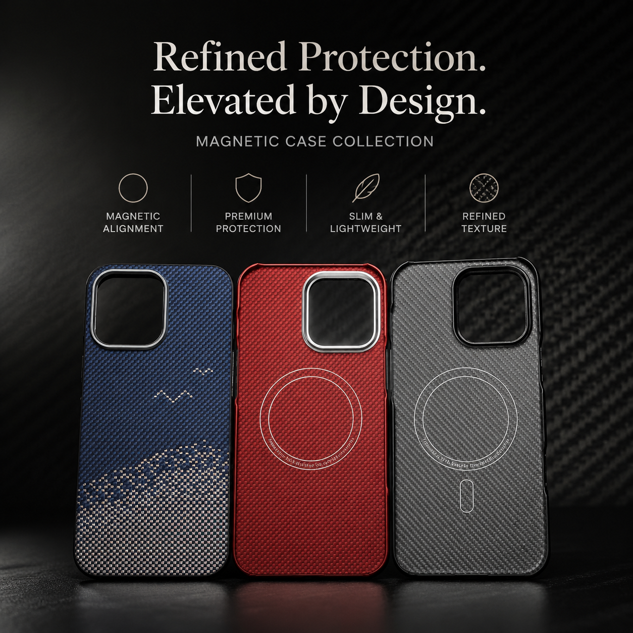Premium iPhone Case MagSafe Compatible Aramid Fiber Cover Camera Lens Protection Ultra Lightweight Carbon Texture Shockproof Half Wrapped Design