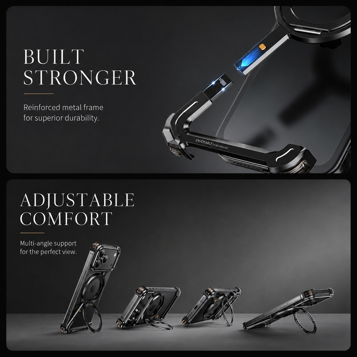 Premium iPhone Case MagSafe Compatible Aviation Aluminum Bumper with Rotatable Stand, Air Cushion Protection, Secure Grip and Shockproof Designs