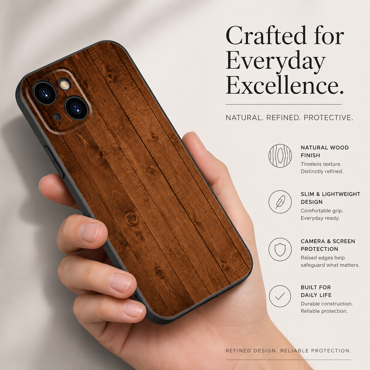 Premium iPhone Case MagSafe Compatible Bamboo Wood Grain Protective Cover Camera Lens Protection Shockproof Metallic Frame Slim Natural Design