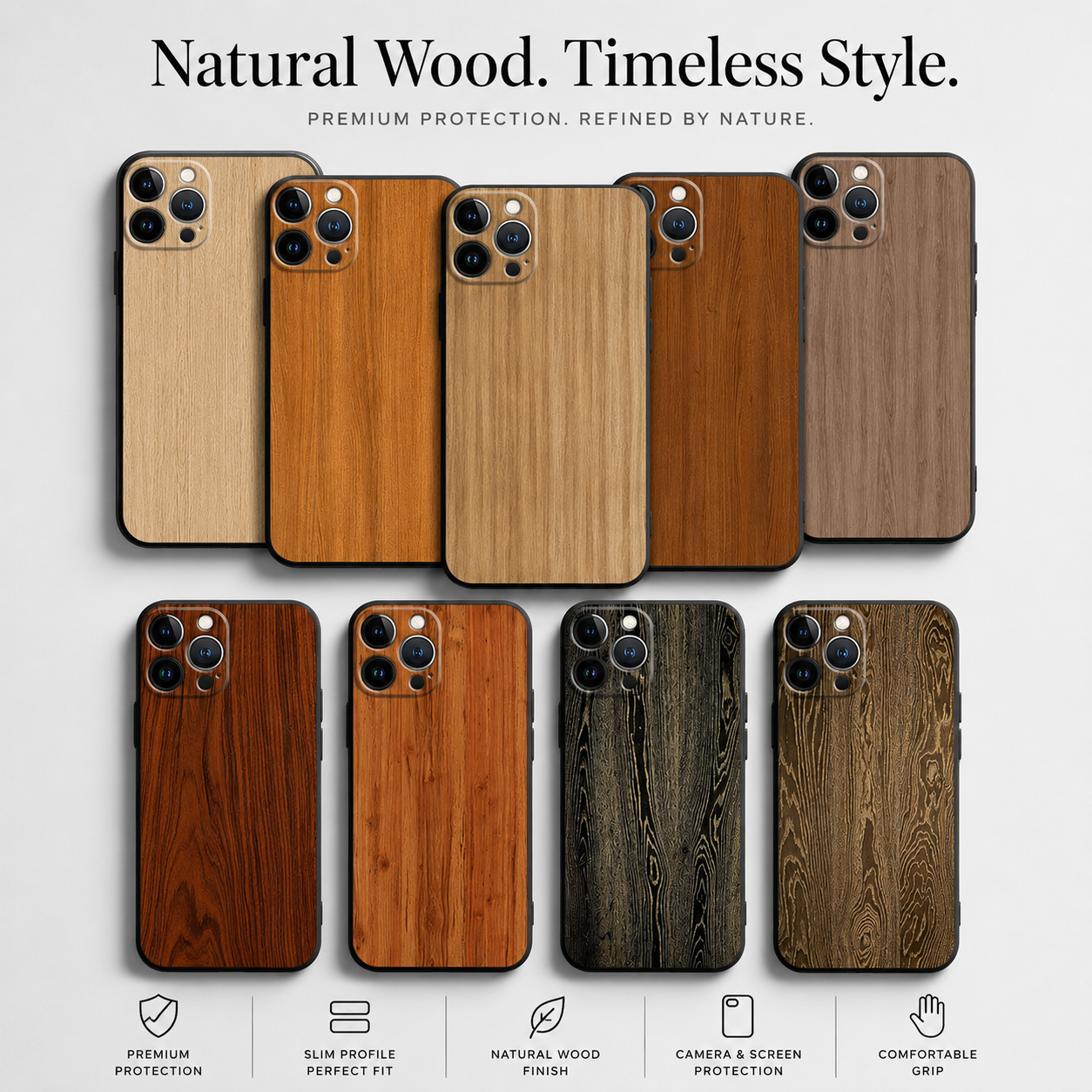 Premium iPhone Case MagSafe Compatible Bamboo Wood Grain Protective Cover Camera Lens Protection Shockproof Metallic Frame Slim Natural Design