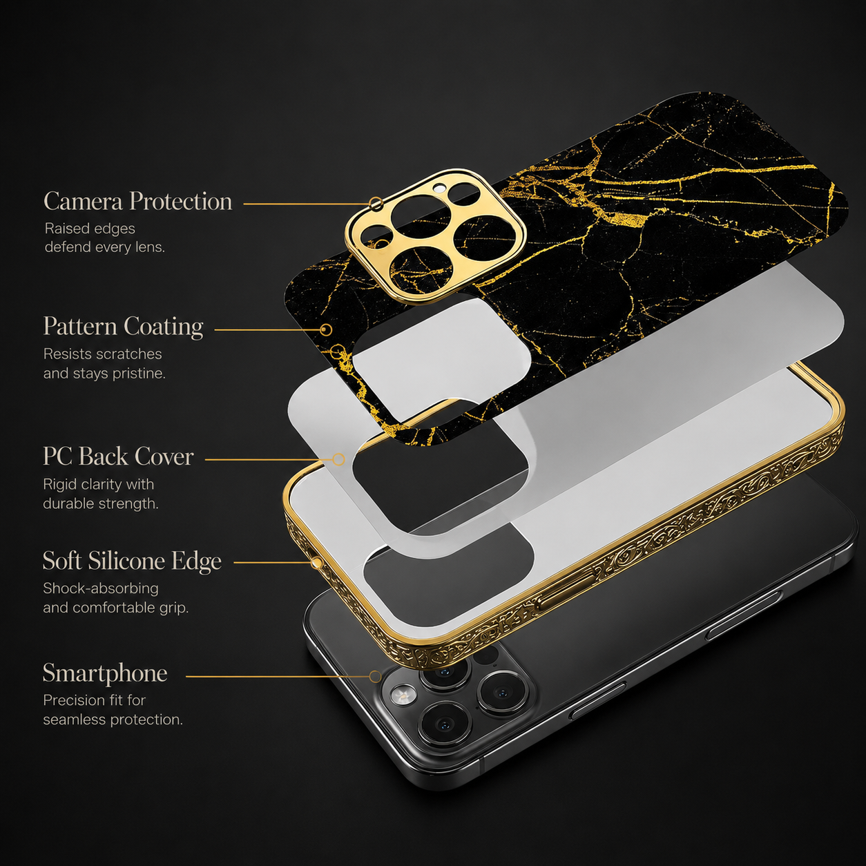 Premium iPhone Case MagSafe Compatible Black Marble Texture Protective Cover Camera Lens Protection Shockproof Gold Edge 3D Grip Slim Design