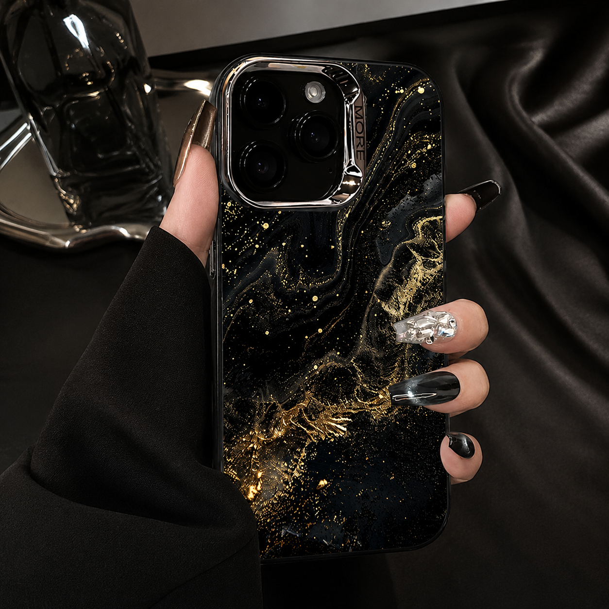 Premium iPhone Case MagSafe Compatible Black Marble Texture Protective Cover Camera Lens Protection Shockproof Gold Edge 3D Grip Slim Design