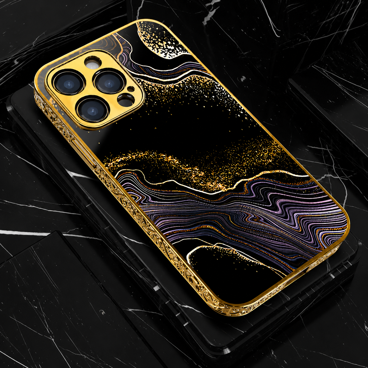 Premium iPhone Case MagSafe Compatible Black Marble Texture Protective Cover Camera Lens Protection Shockproof Gold Edge 3D Grip Slim Design