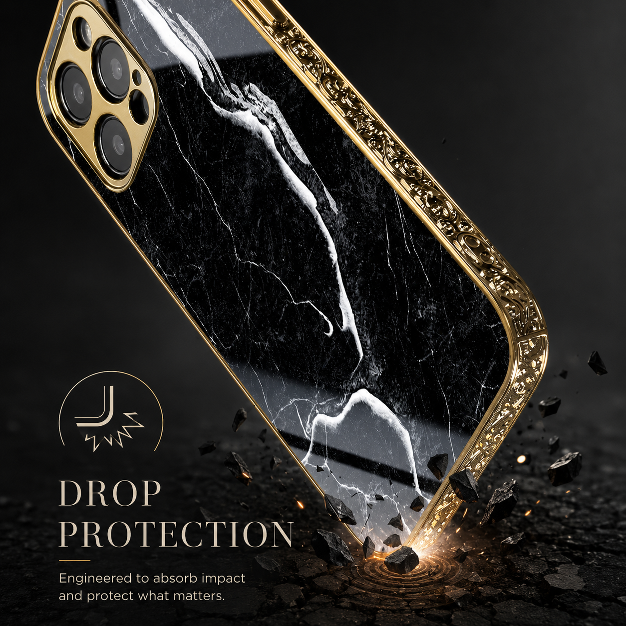 Premium iPhone Case MagSafe Compatible Black Marble Texture Protective Cover Camera Lens Protection Shockproof Gold Edge 3D Grip Slim Design