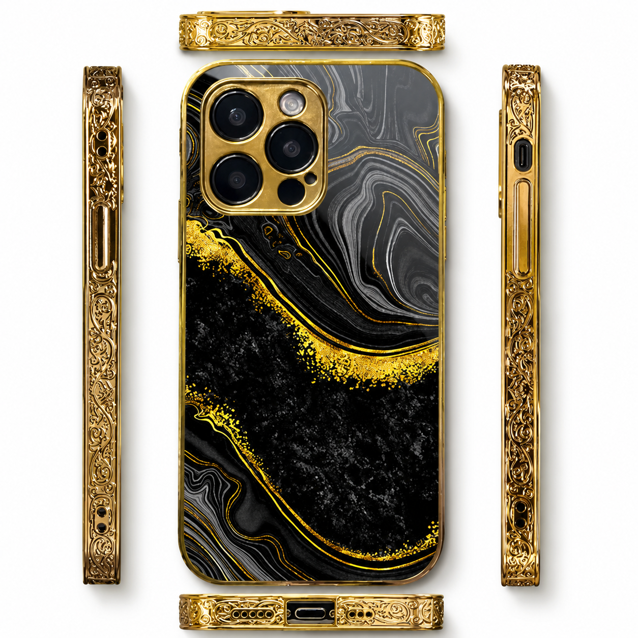 Premium iPhone Case MagSafe Compatible Black Marble Texture Protective Cover Camera Lens Protection Shockproof Gold Edge 3D Grip Slim Design