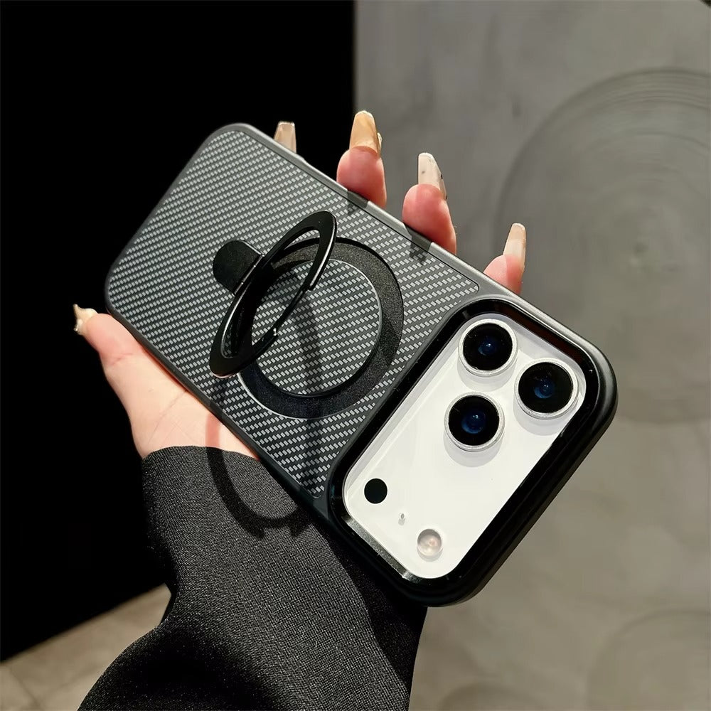 Premium iPhone Case MagSafe Compatible Camera Lens Protection Carbon Fiber Texture Magnetic Stand Holder Shockproof PC Cover Anti Fingerprint Design