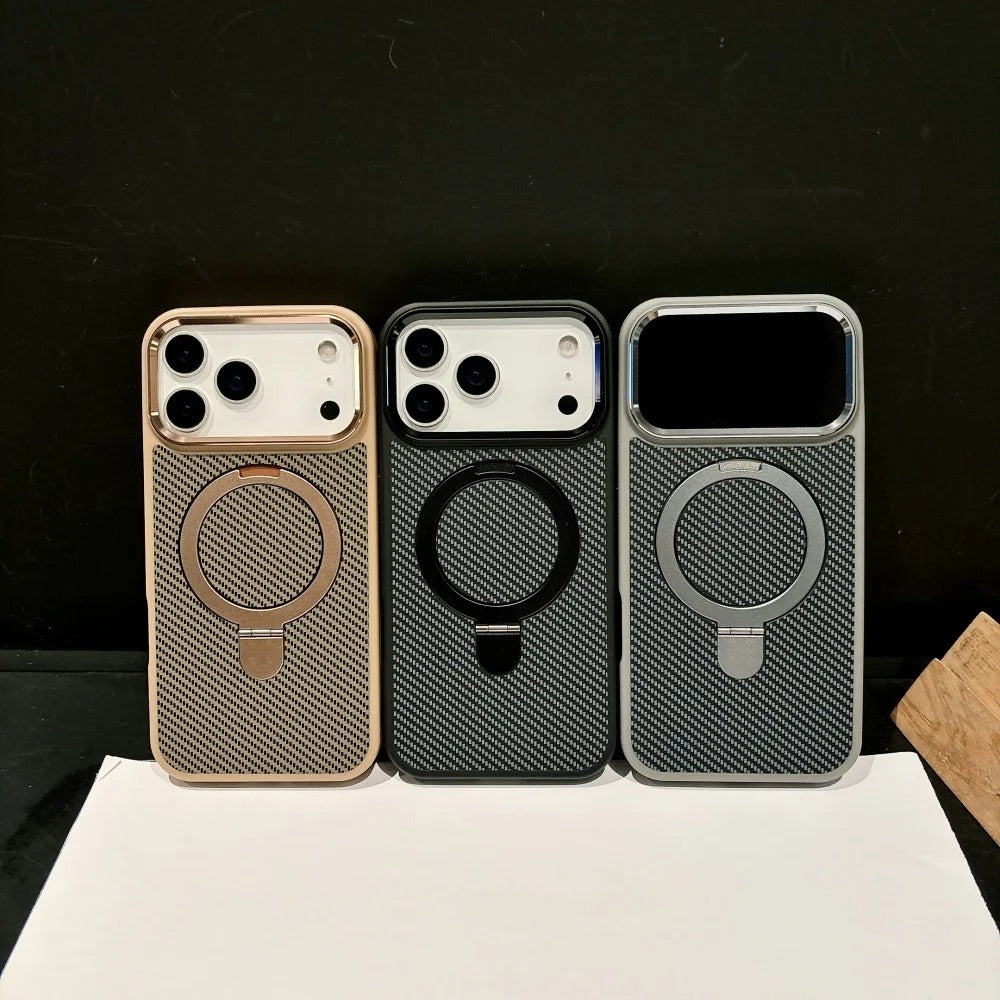 Premium iPhone Case MagSafe Compatible Camera Lens Protection Carbon Fiber Texture Magnetic Stand Holder Shockproof PC Cover Anti Fingerprint Design