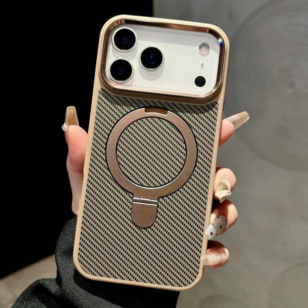 Premium iPhone Case MagSafe Compatible Camera Lens Protection Carbon Fiber Texture Magnetic Stand Holder Shockproof PC Cover Anti Fingerprint Design