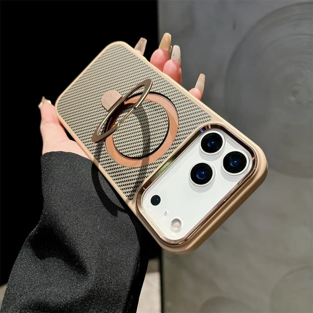 Premium iPhone Case MagSafe Compatible Camera Lens Protection Carbon Fiber Texture Magnetic Stand Holder Shockproof PC Cover Anti Fingerprint Design