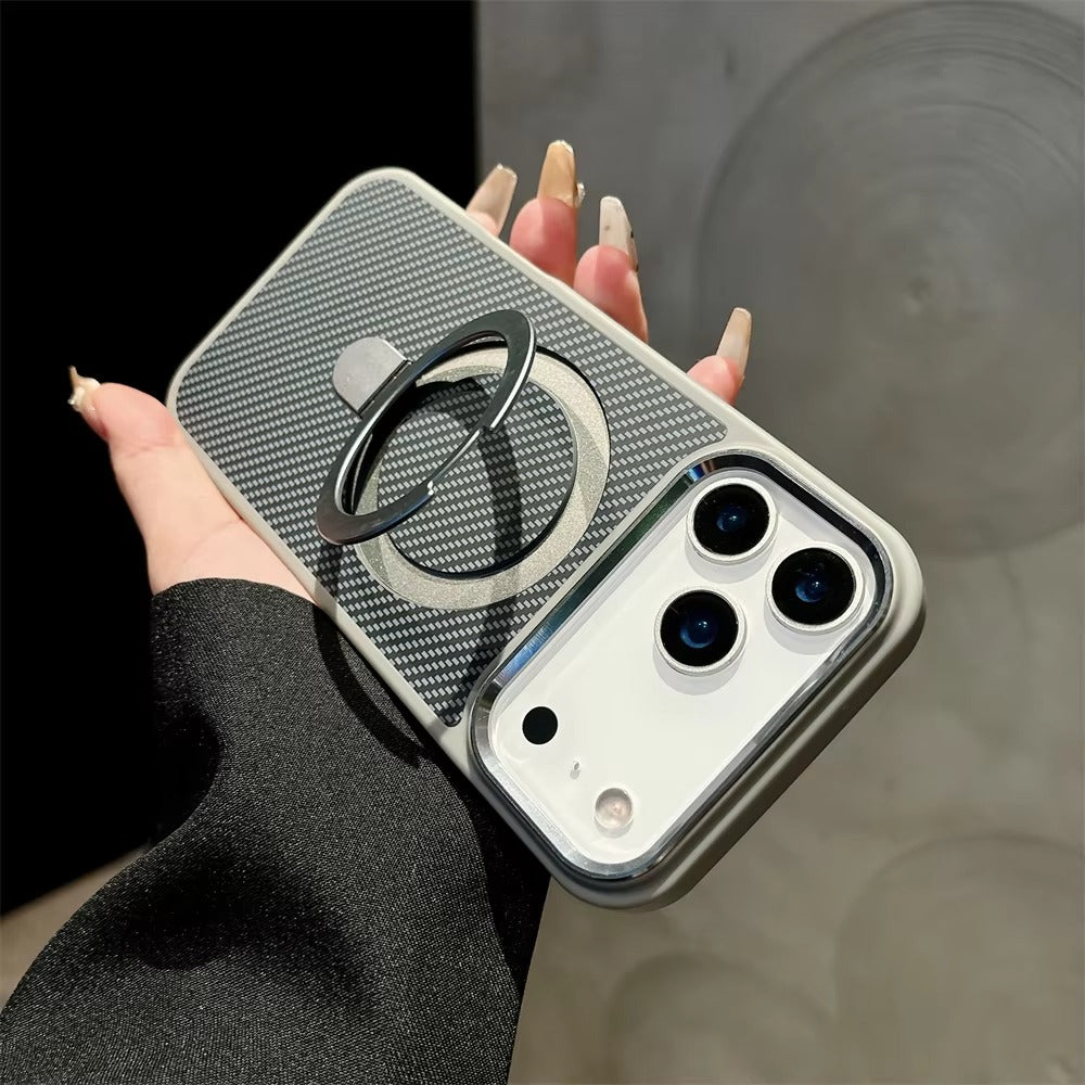 Premium iPhone Case MagSafe Compatible Camera Lens Protection Carbon Fiber Texture Magnetic Stand Holder Shockproof PC Cover Anti Fingerprint Design