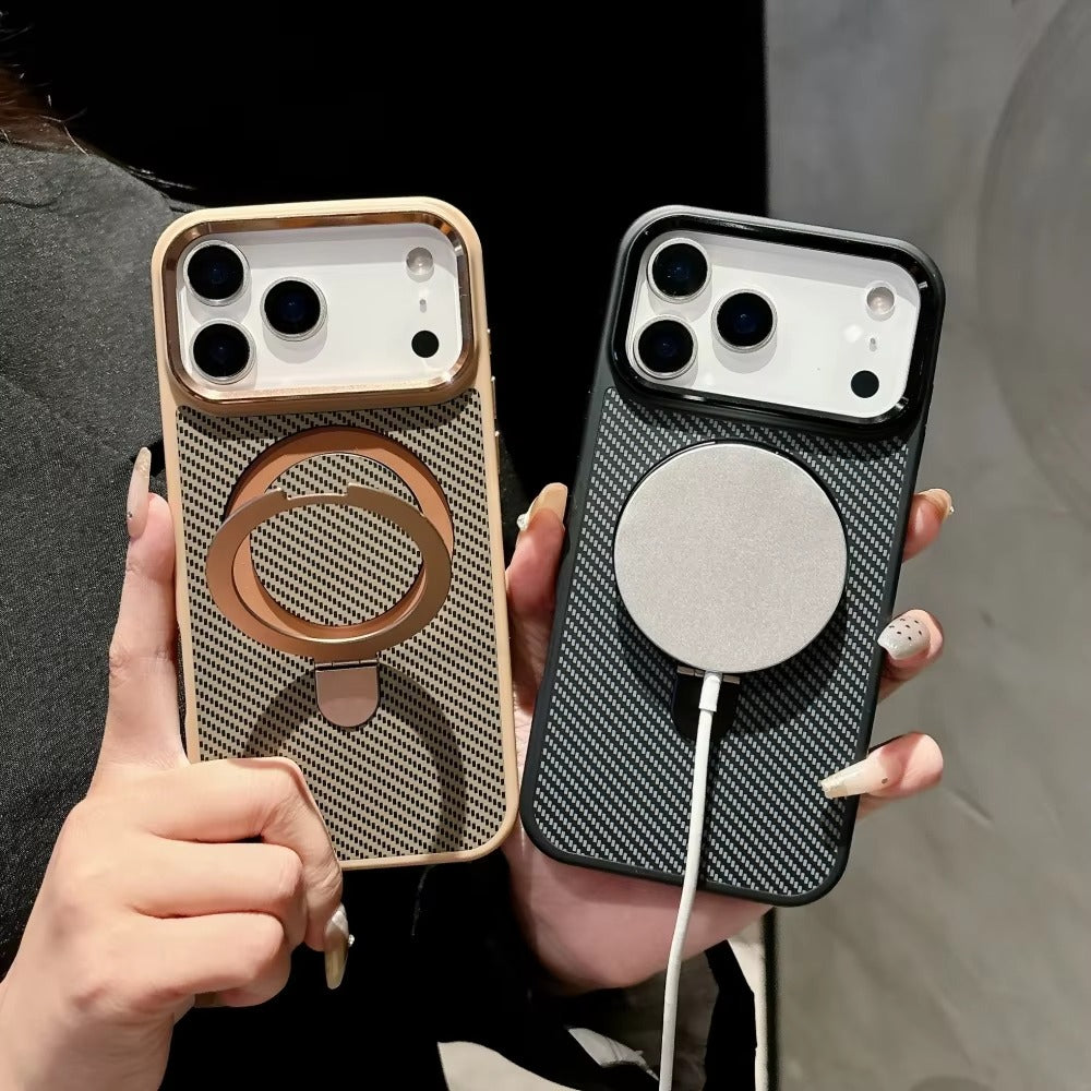 Premium iPhone Case MagSafe Compatible Camera Lens Protection Carbon Fiber Texture Magnetic Stand Holder Shockproof PC Cover Anti Fingerprint Design