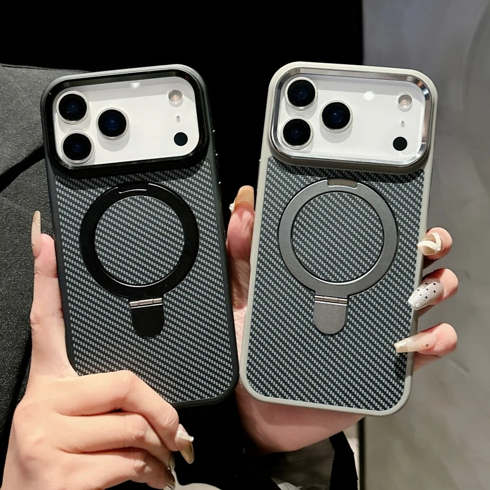 Premium iPhone Case MagSafe Compatible Camera Lens Protection Carbon Fiber Texture Magnetic Stand Holder Shockproof PC Cover Anti Fingerprint Design
