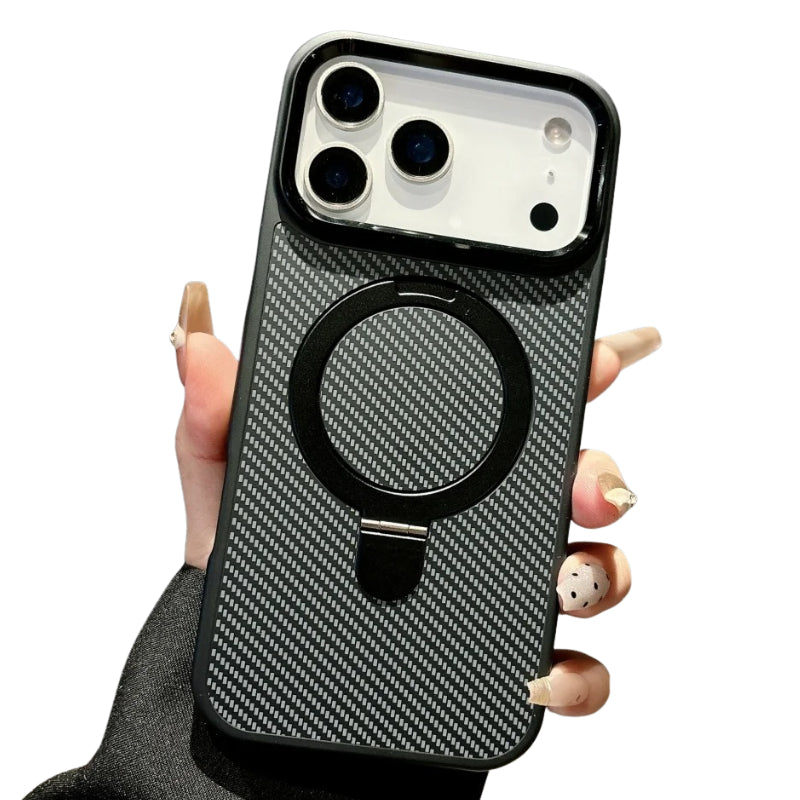 Premium iPhone Case MagSafe Compatible Camera Lens Protection Carbon Fiber Texture Magnetic Stand Holder Shockproof PC Cover Anti Fingerprint Design