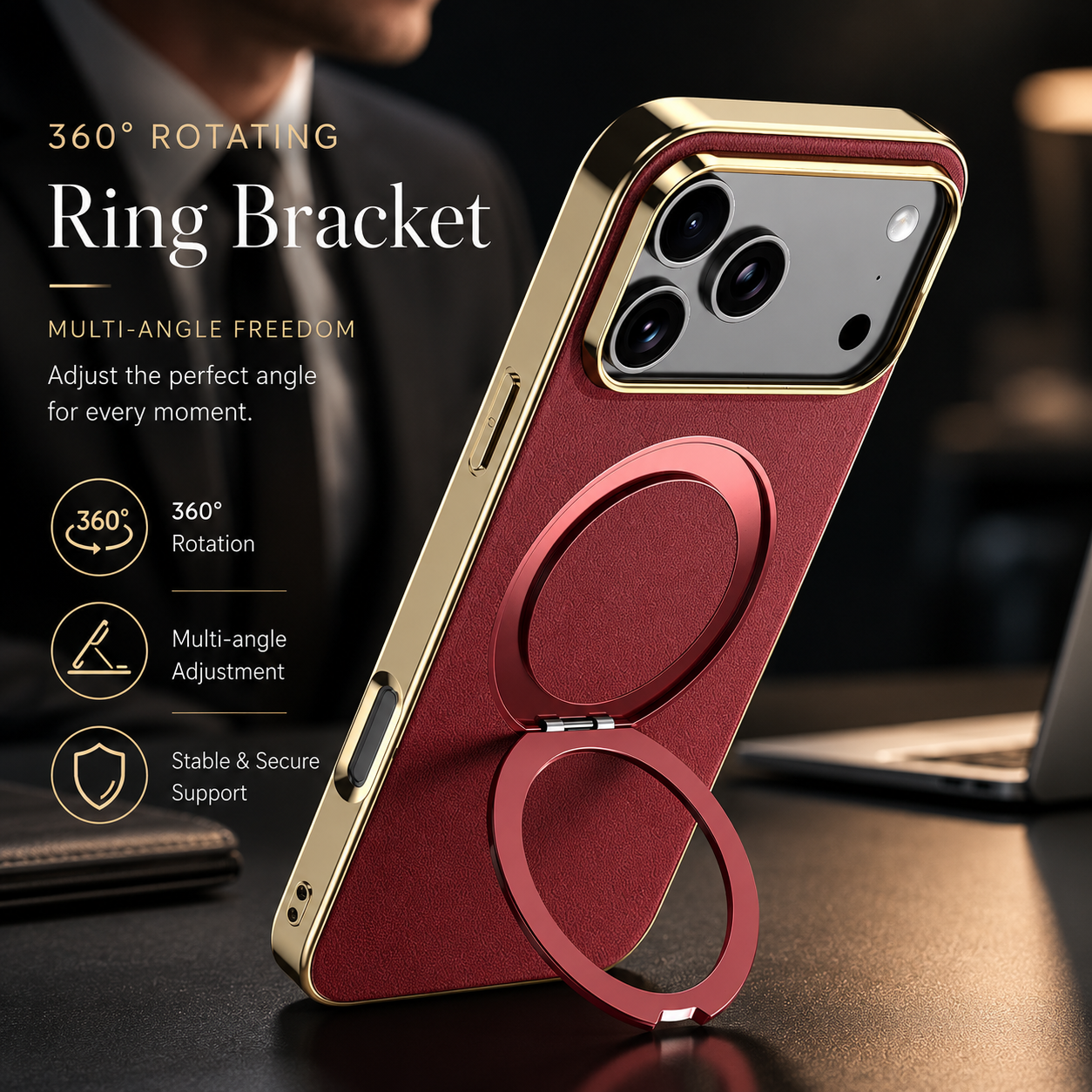 Premium iPhone Case MagSafe Compatible Camera Lens Protection Magnetic Leather Ring Holder Shockproof Back Cover Wireless Charging Protective Design