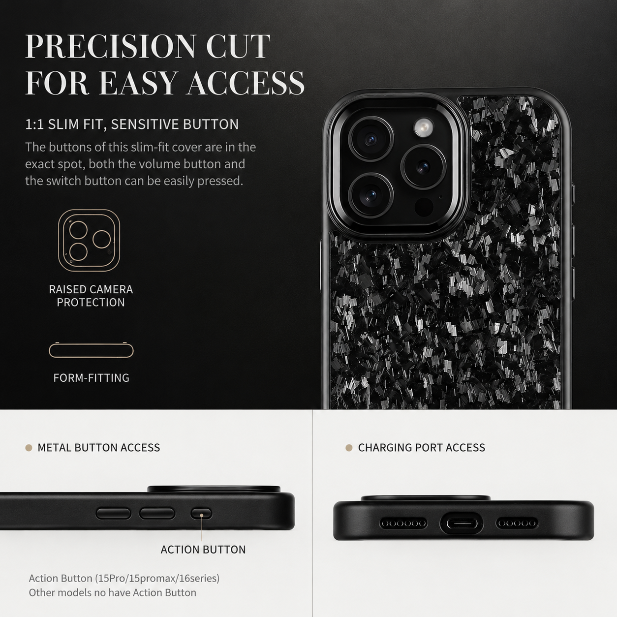 Premium iPhone Case MagSafe Compatible Camera Lens Protection Real Forged Carbon Fiber Cover Shockproof Dual Layer Full Coverage Metal Button Design