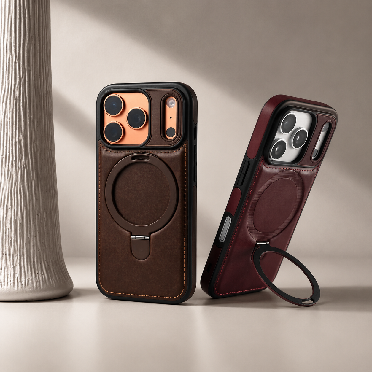 Premium iPhone Case MagSafe Compatible Camera Lens Protection Shockproof Cover Retro Leather Magnetic Wireless Charging Invisible Kickstand Design