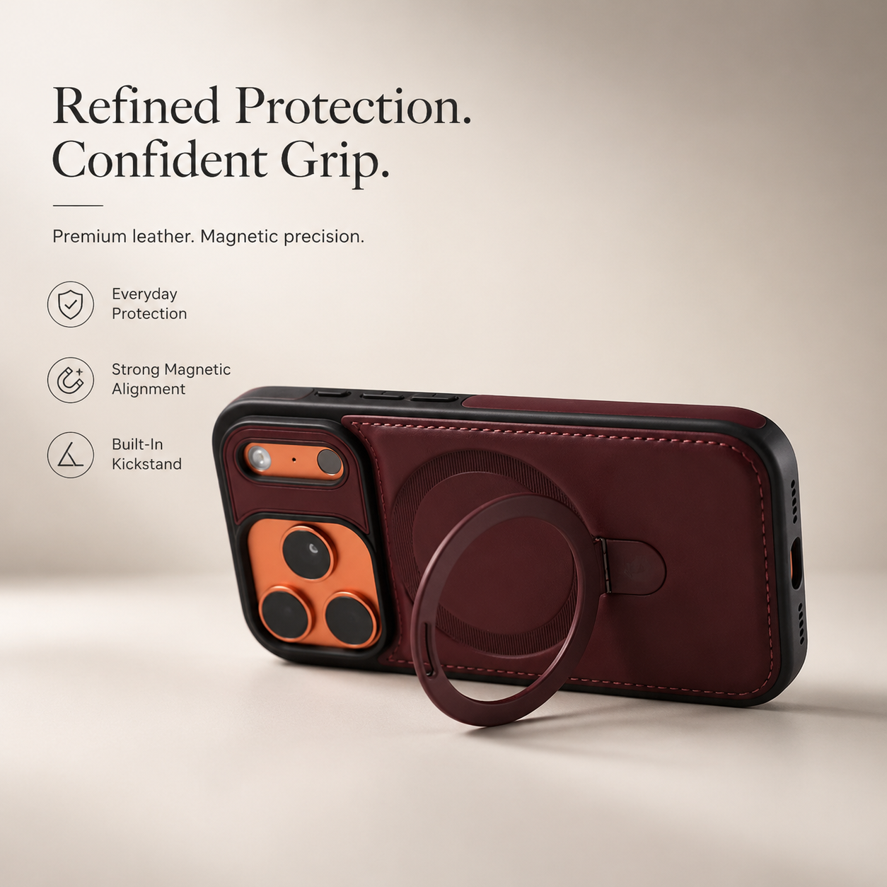 Premium iPhone Case MagSafe Compatible Camera Lens Protection Shockproof Cover Retro Leather Magnetic Wireless Charging Invisible Kickstand Design