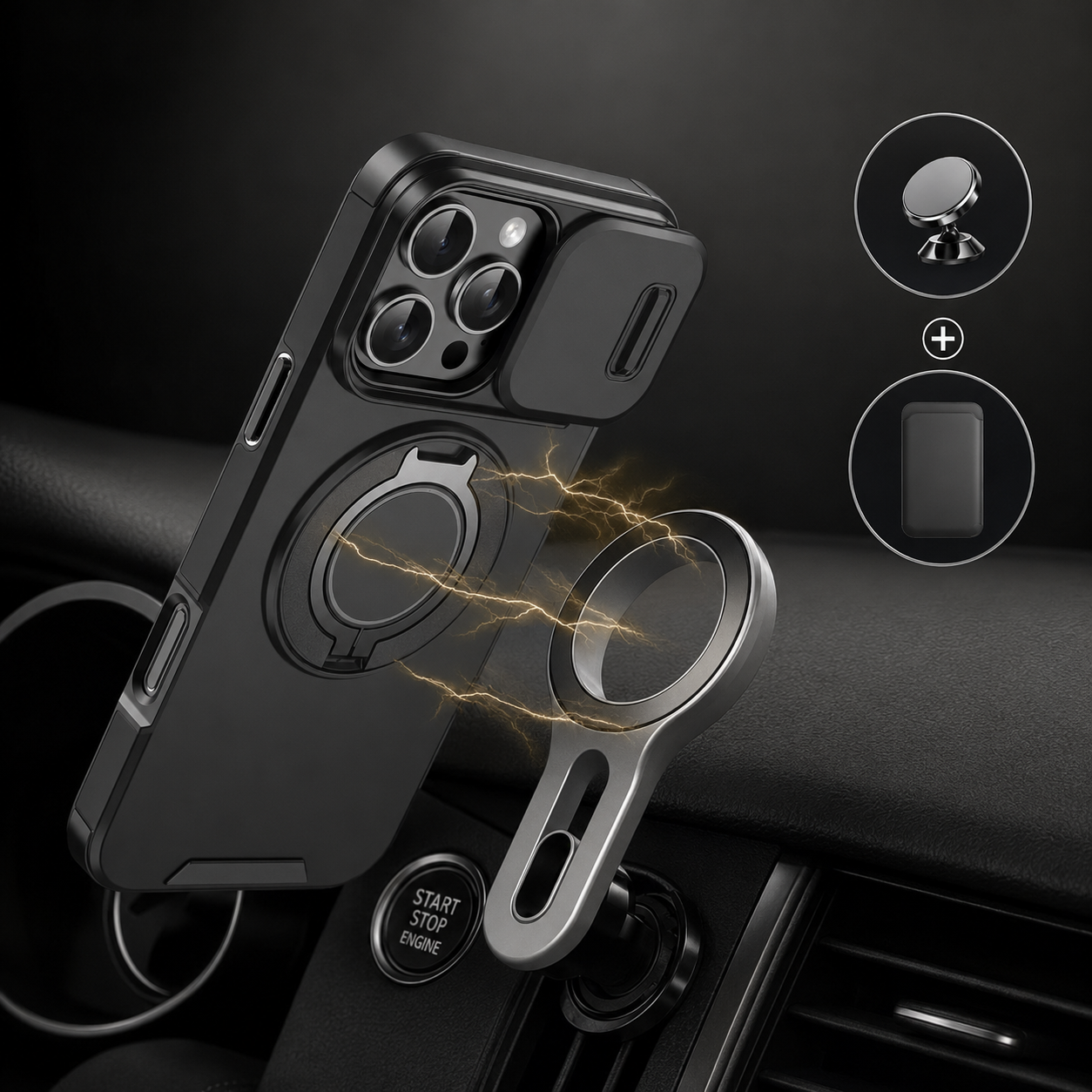 Premium iPhone Case MagSafe Compatible Camera Lens Protection Shockproof Cover Rugged Armor Magnetic Ring Stand Slide Lens Protection Anti Fingerprint Design