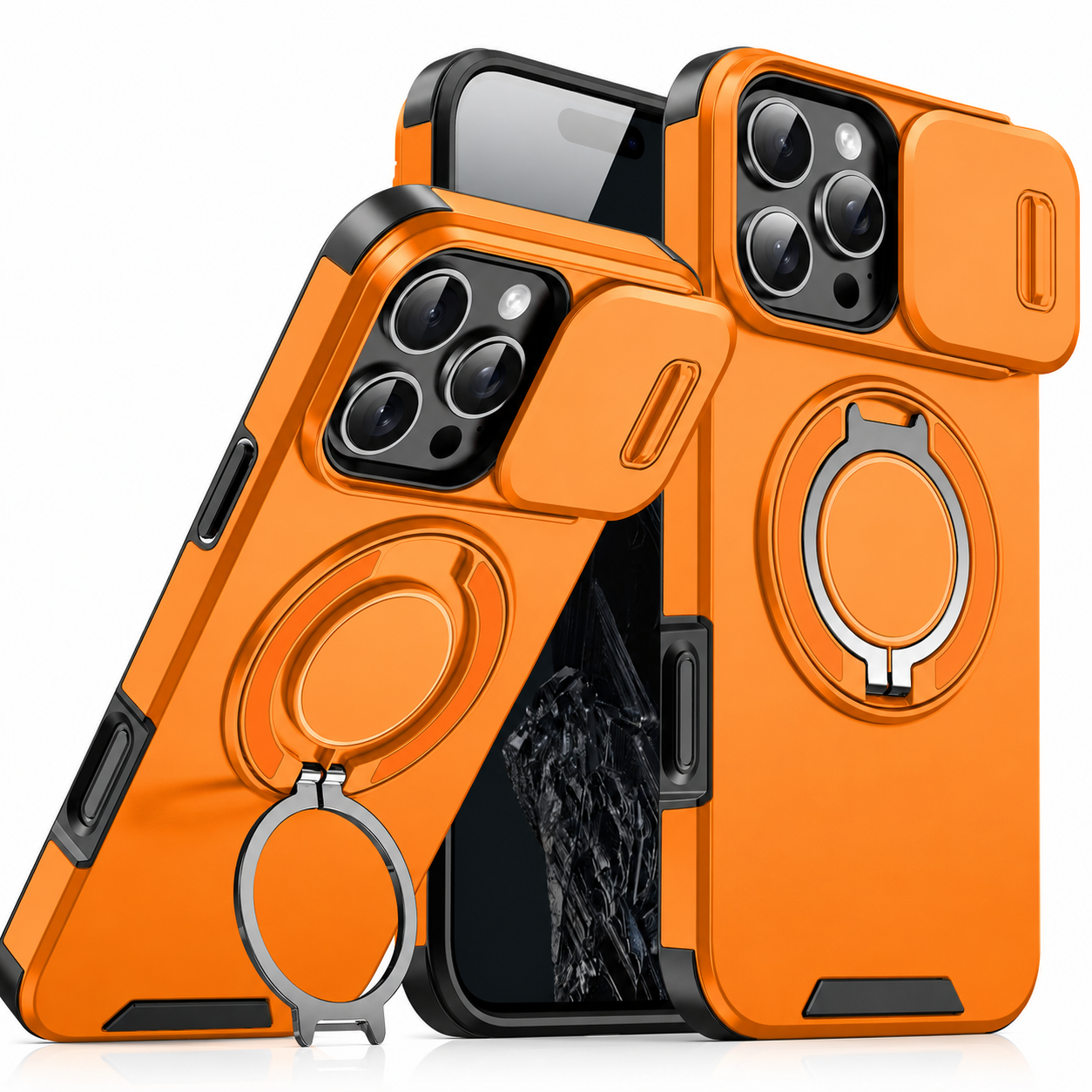 Premium iPhone Case MagSafe Compatible Camera Lens Protection Shockproof Cover Rugged Armor Magnetic Ring Stand Slide Lens Protection Anti Fingerprint Design