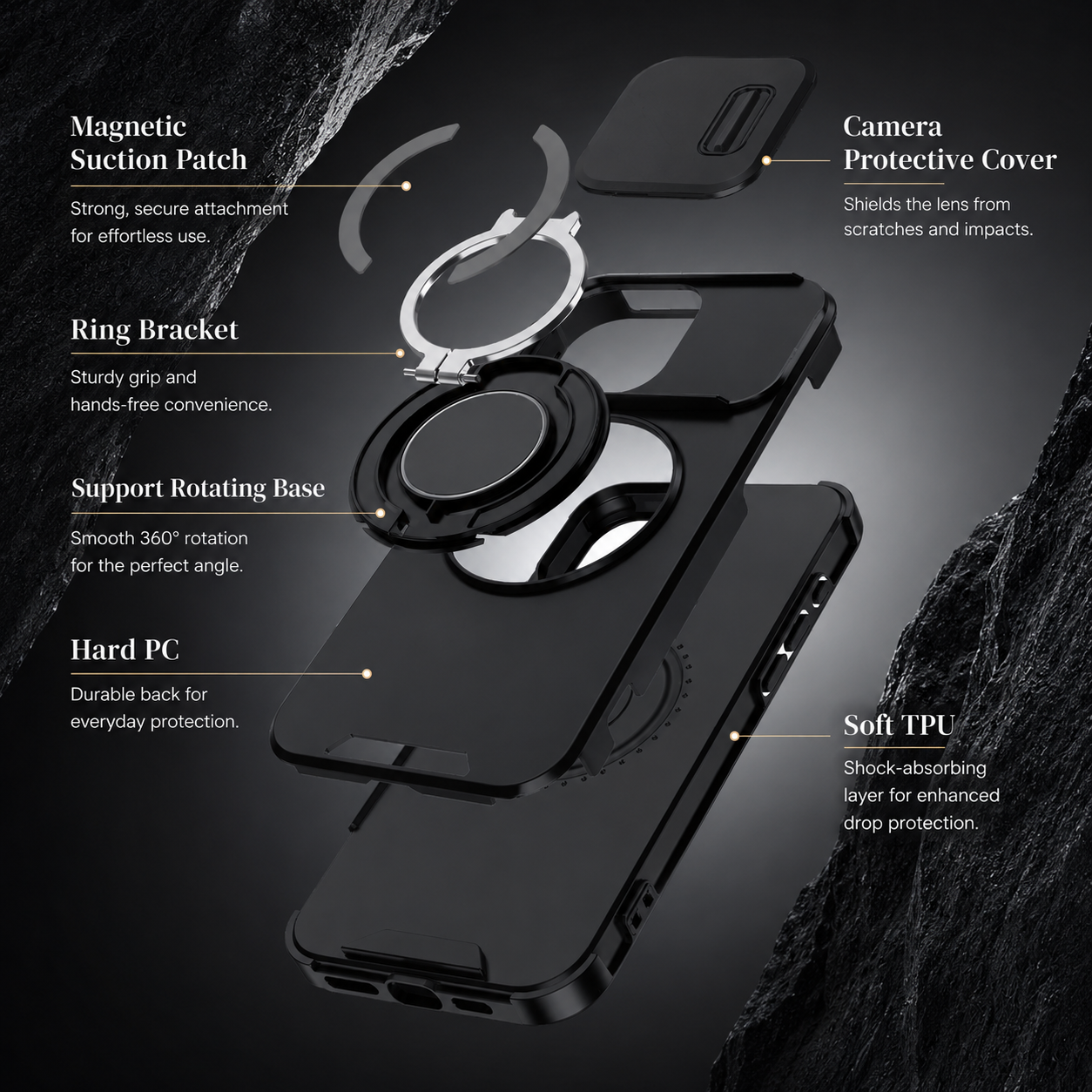 Premium iPhone Case MagSafe Compatible Camera Lens Protection Shockproof Cover Rugged Armor Magnetic Ring Stand Slide Lens Protection Anti Fingerprint Design