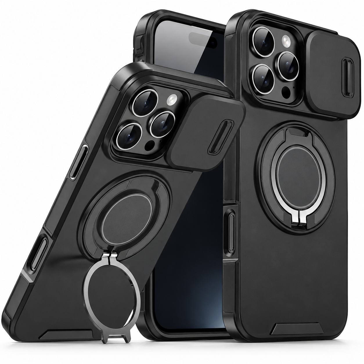 Premium iPhone Case MagSafe Compatible Camera Lens Protection Shockproof Cover Rugged Armor Magnetic Ring Stand Slide Lens Protection Anti Fingerprint Design